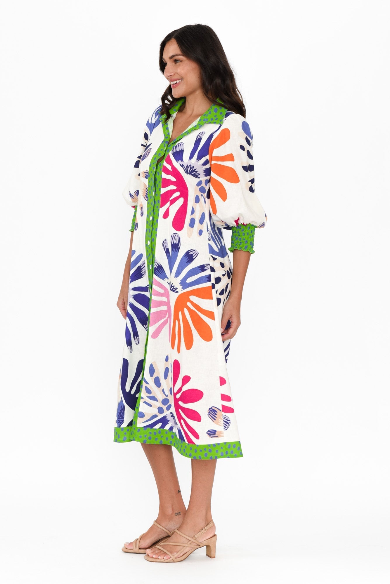 Catalina Cream Abstract Linen Blend Tie Dress Side View