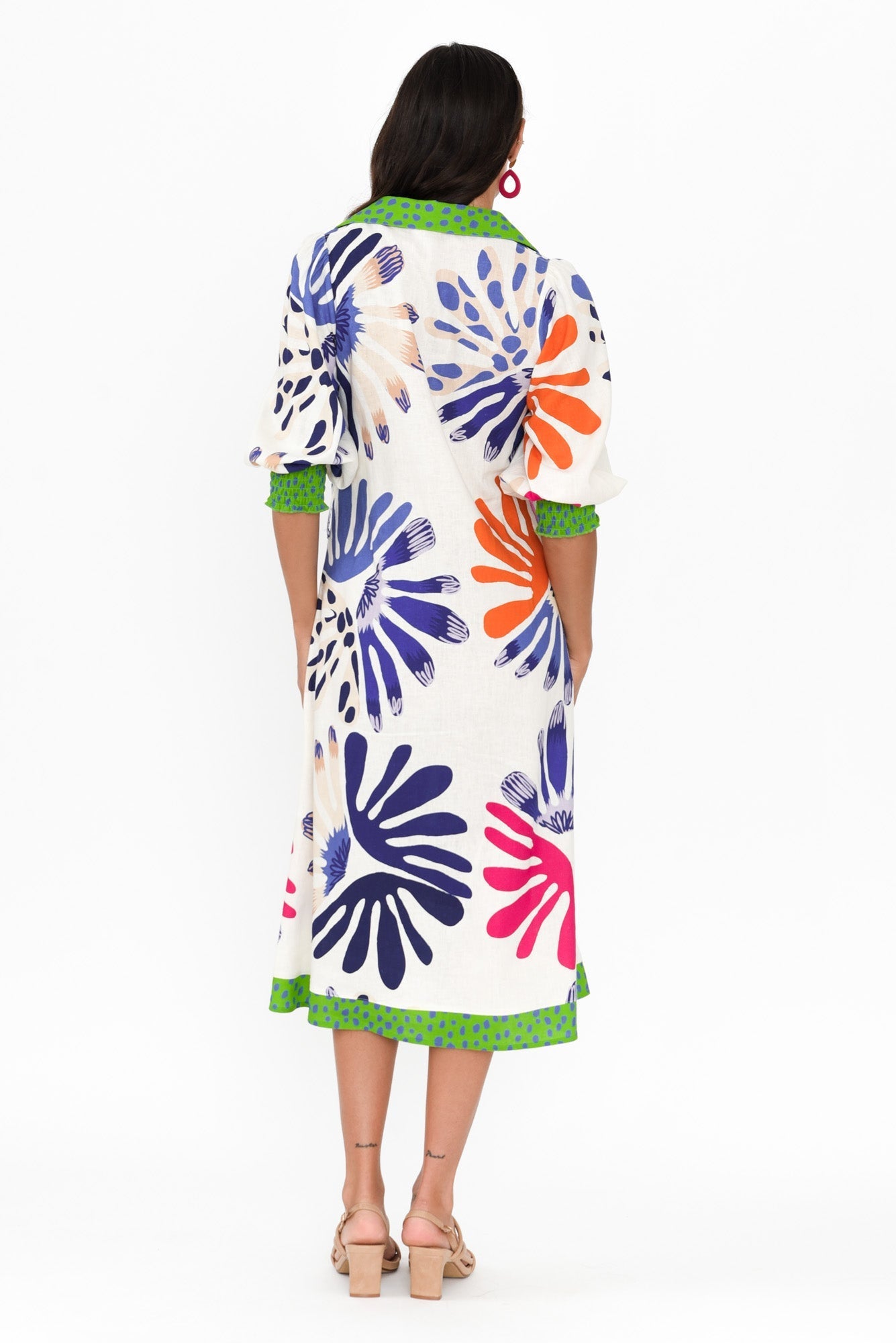 Catalina Cream Abstract Linen Blend Tie Dress Detail View
