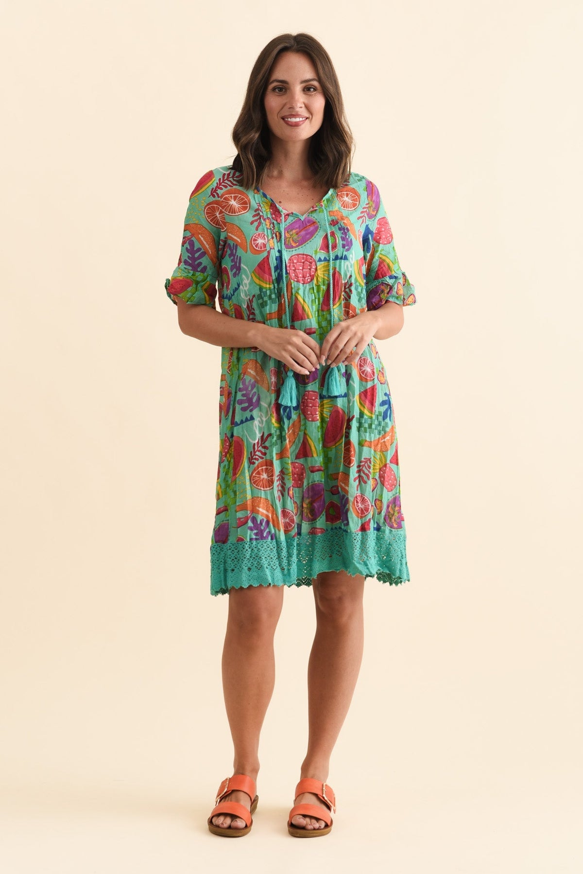Cayman Blue Fruity Cotton Tunic Dress Full Length View
