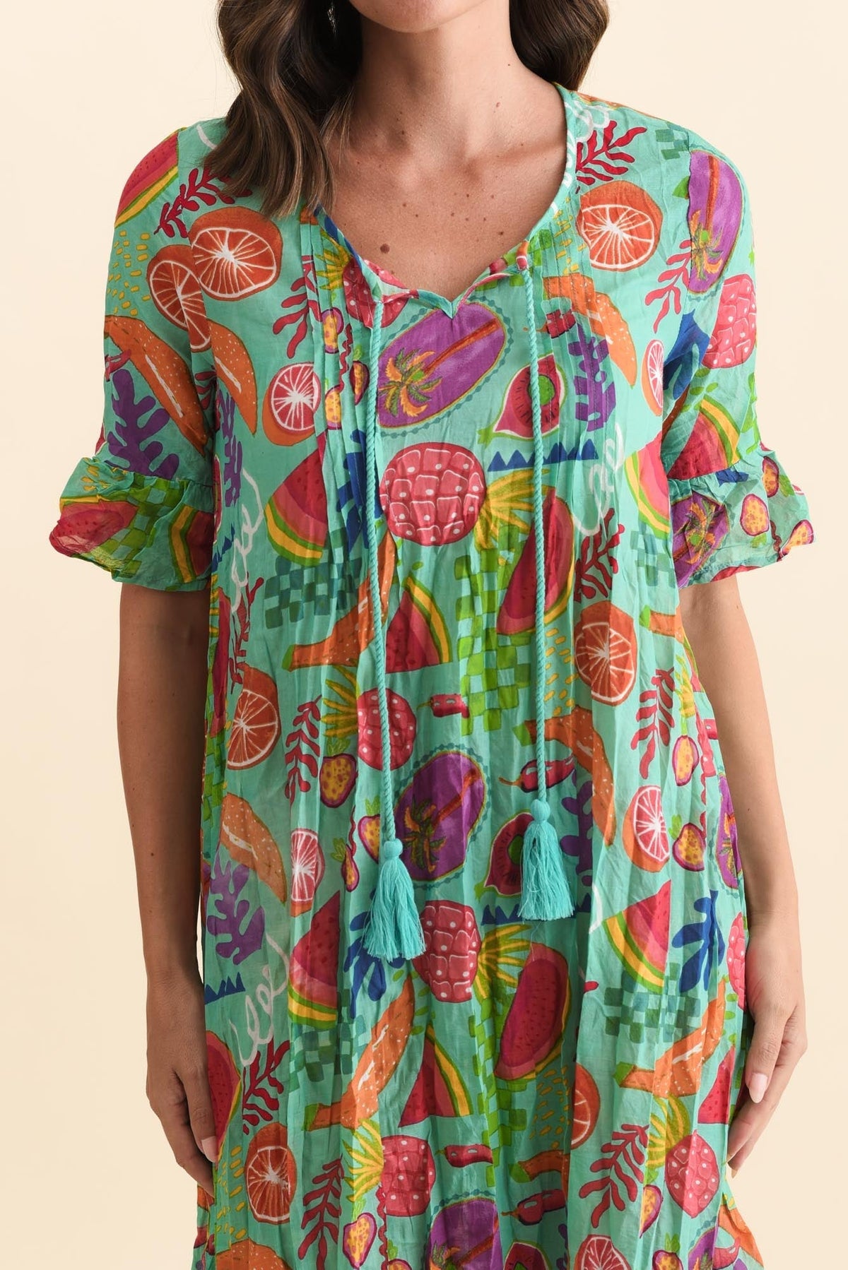 Cayman Blue Fruity Cotton Tunic Dress Detail View