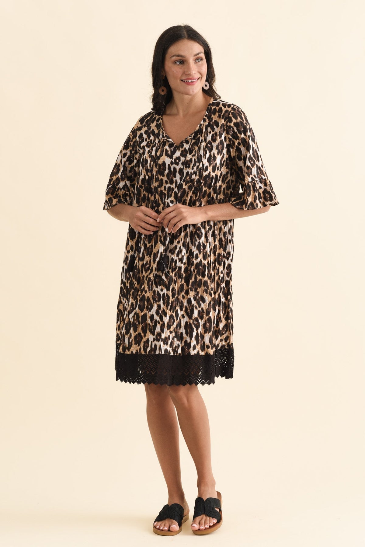 Cayman Brown Leopard Cotton Tunic Dress Full Length View