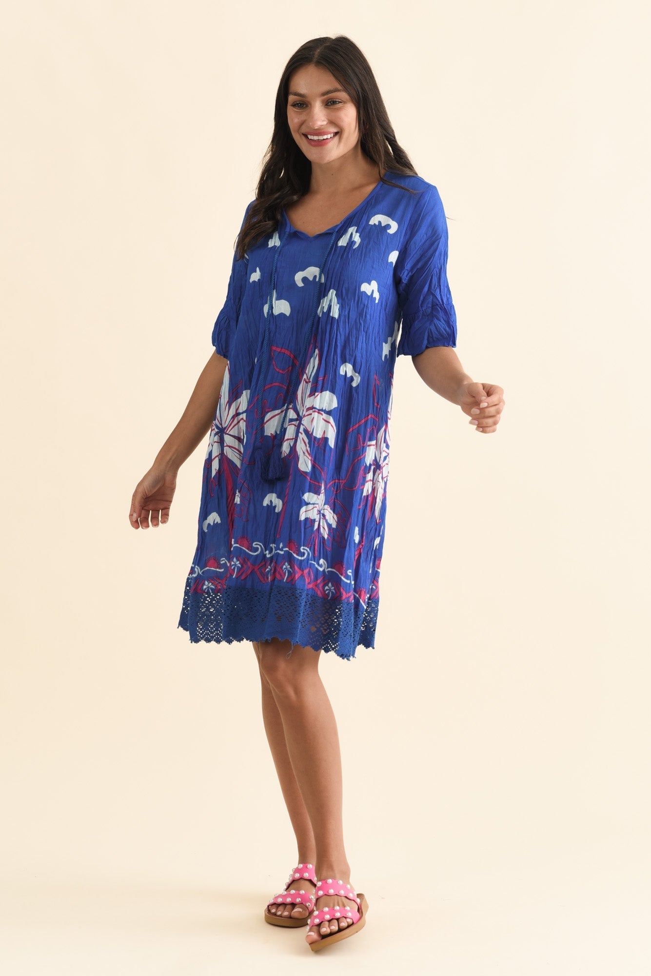 Cayman Cobalt Tropical Cotton Tunic Dress Front View