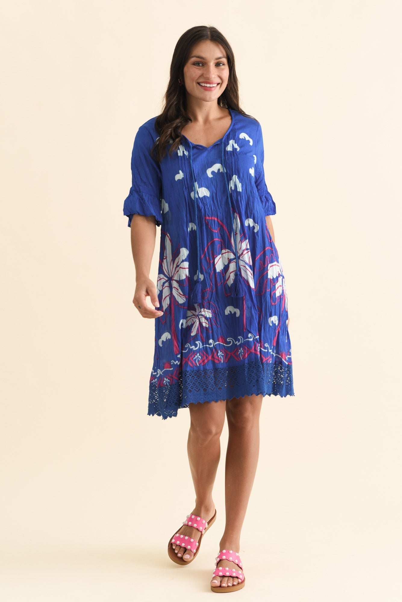Cayman Cobalt Tropical Cotton Tunic Dress Front View 2