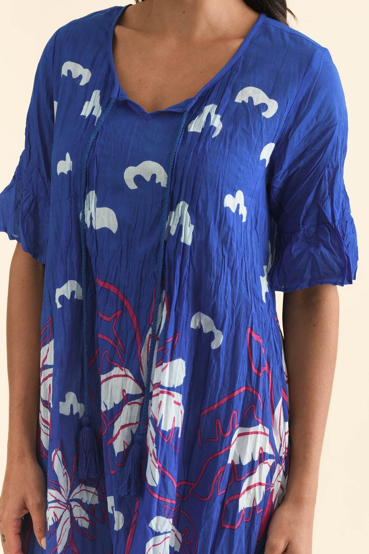Cayman Cobalt Tropical Cotton Tunic Dress Detail View