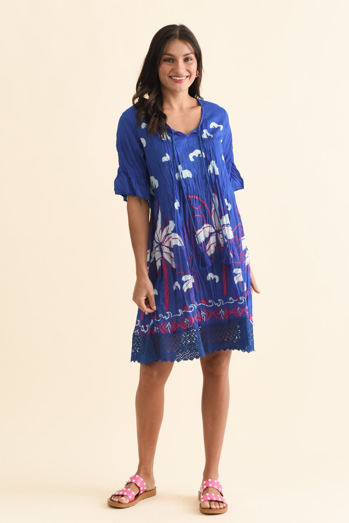 Cayman Cobalt Tropical Cotton Tunic Dress Full Length View