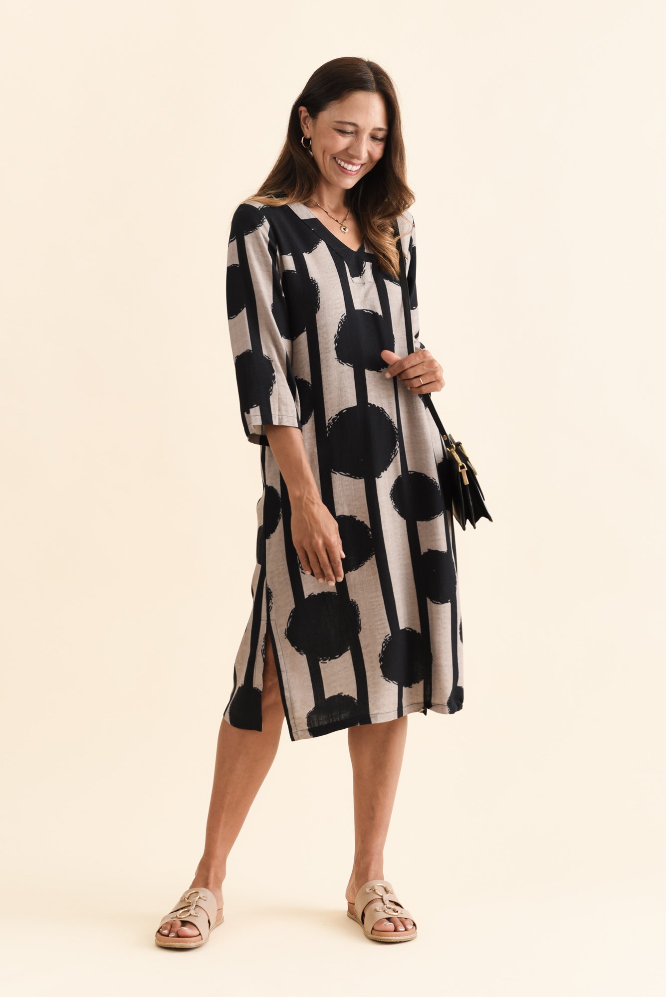 Celine Black Spot Linen Cotton Dress Full Length View