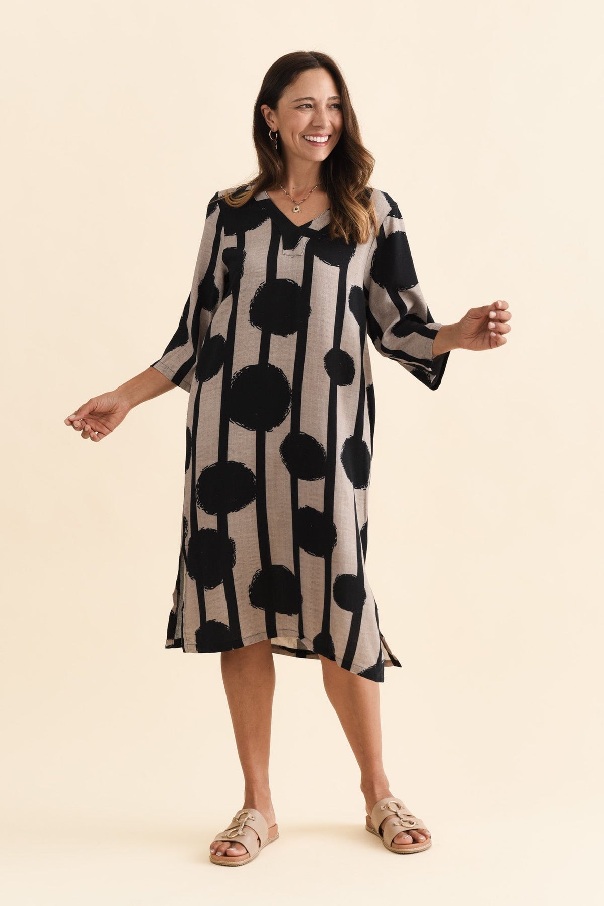 Celine Black Spot Linen Cotton Dress Front View 2