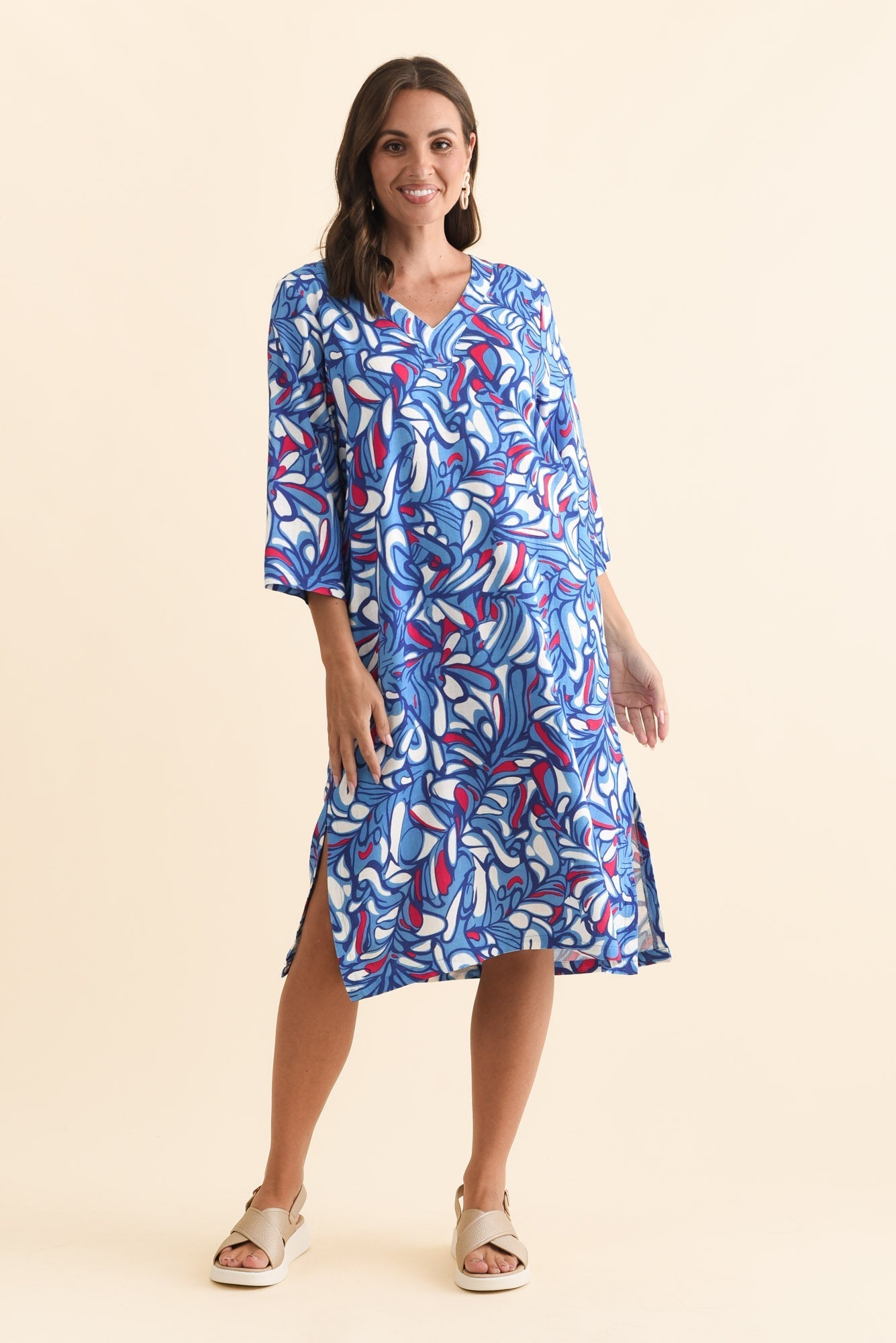 Celine Blue Ripple Linen Cotton Dress Full Length View