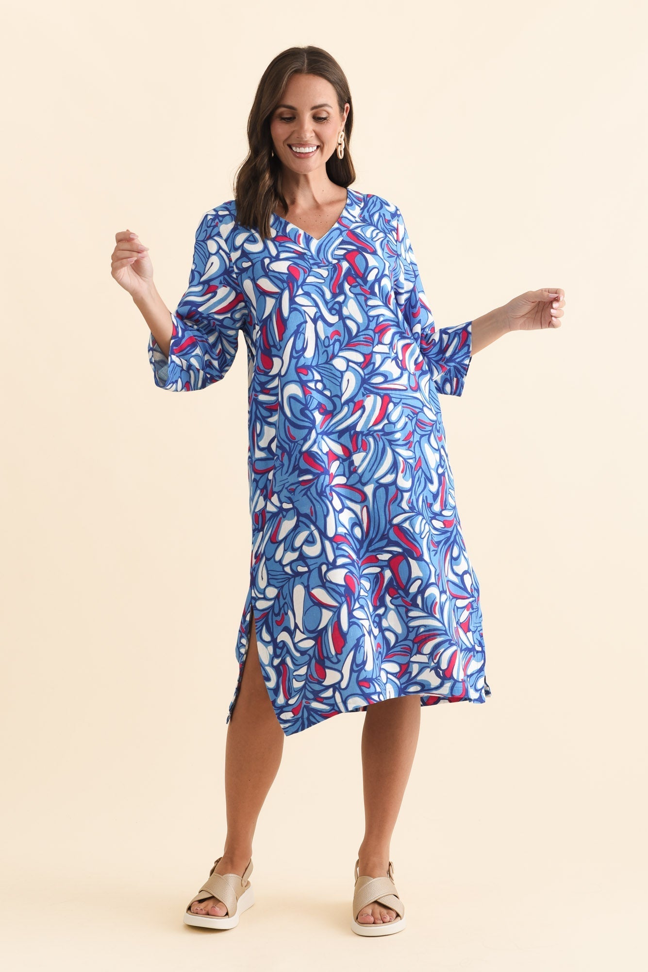 Celine Blue Ripple Linen Cotton Dress Front View 2