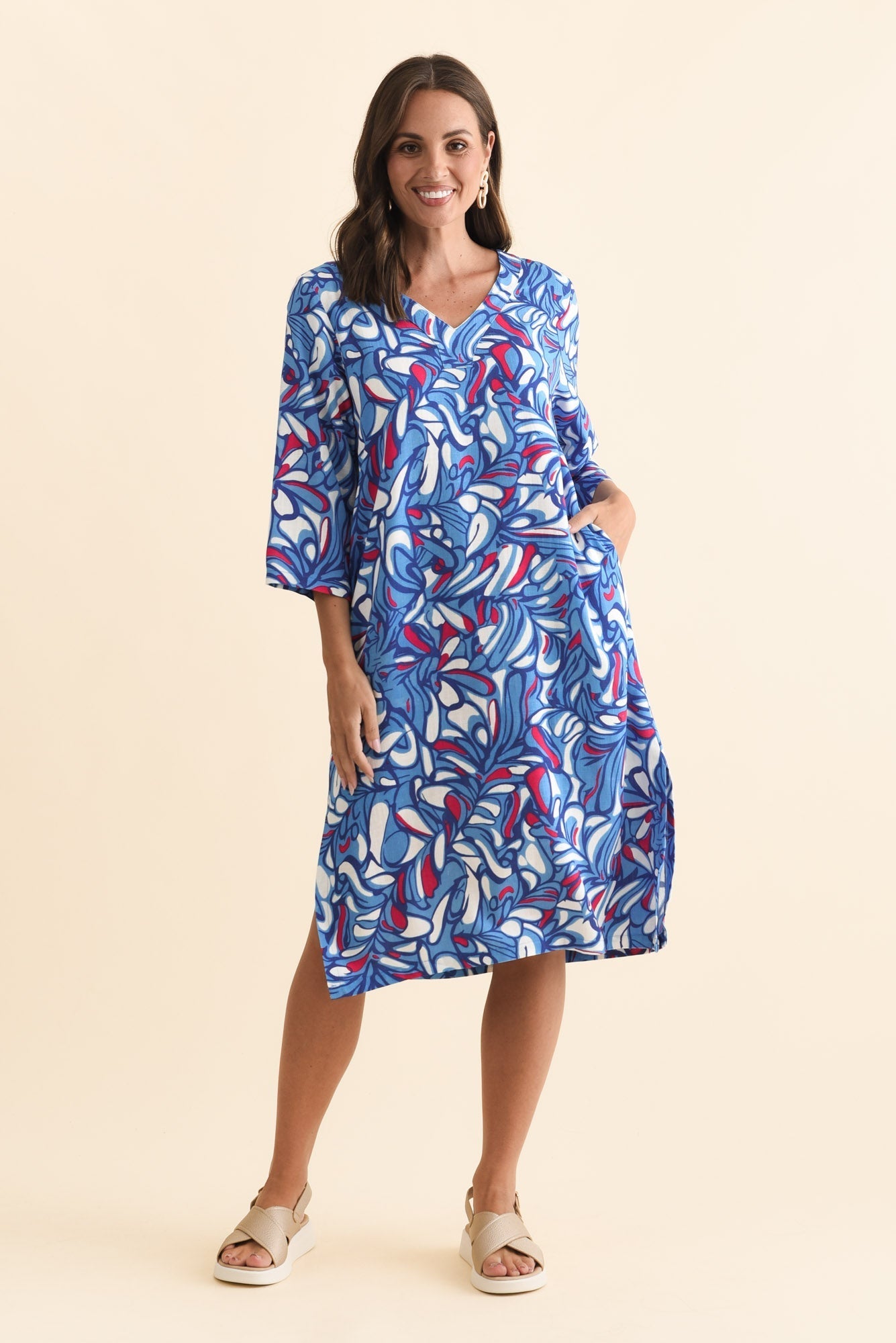 Celine Blue Ripple Linen Cotton Dress Front View