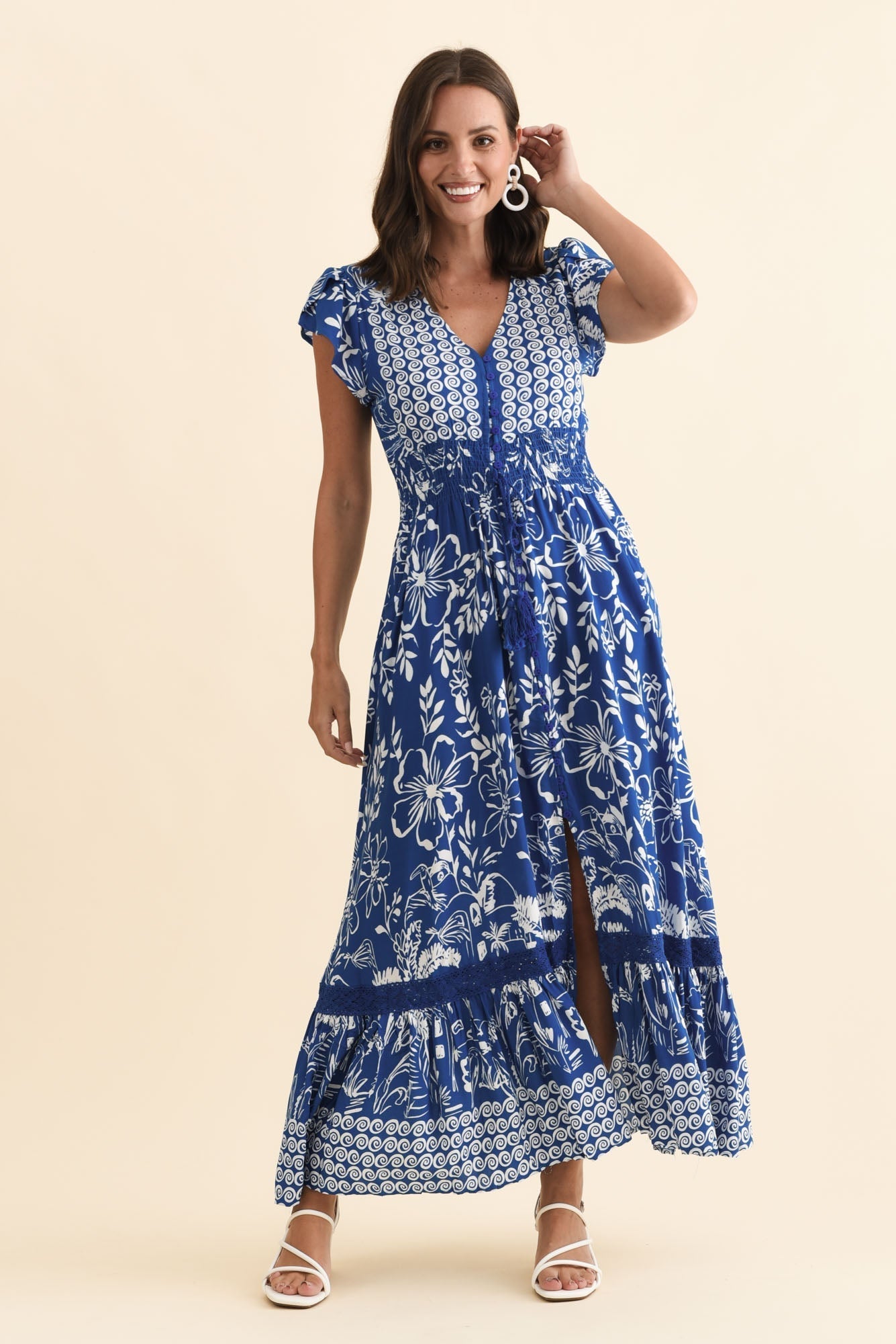 Chappelle Blue Floral Button Dress Front View