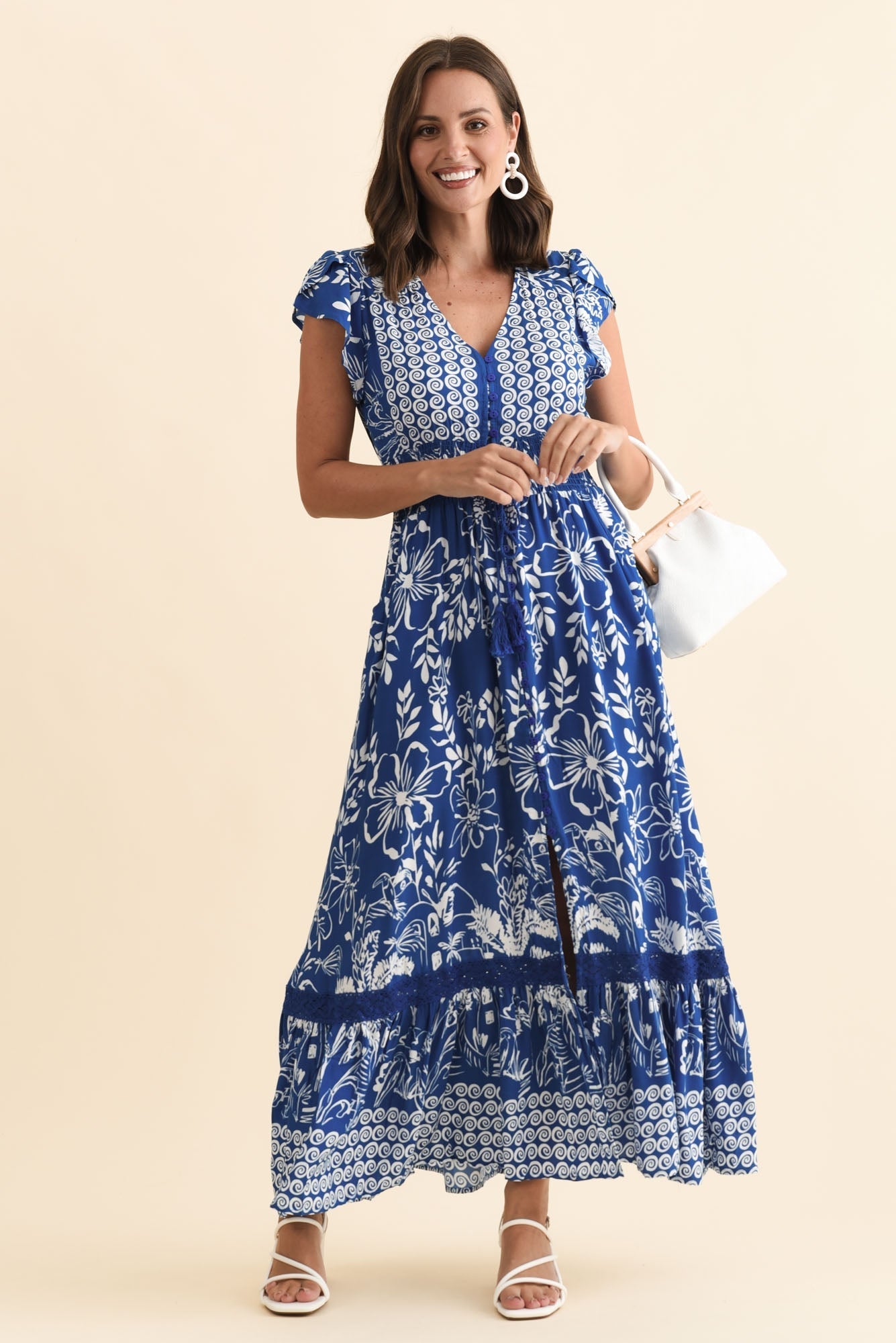 Chappelle Blue Floral Button Dress Front View 2