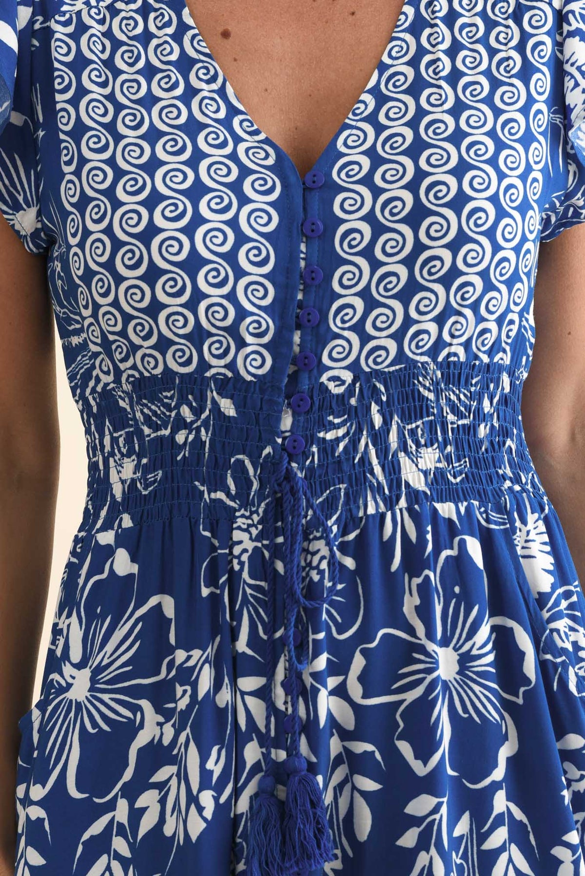 Chappelle Blue Floral Button Dress Detail View