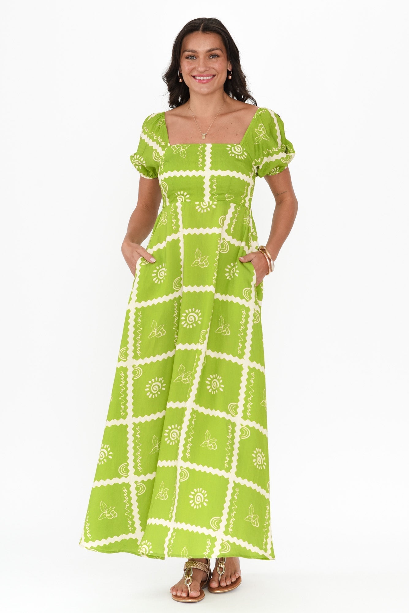 Charlotte Green Tile Maxi Dress Front View