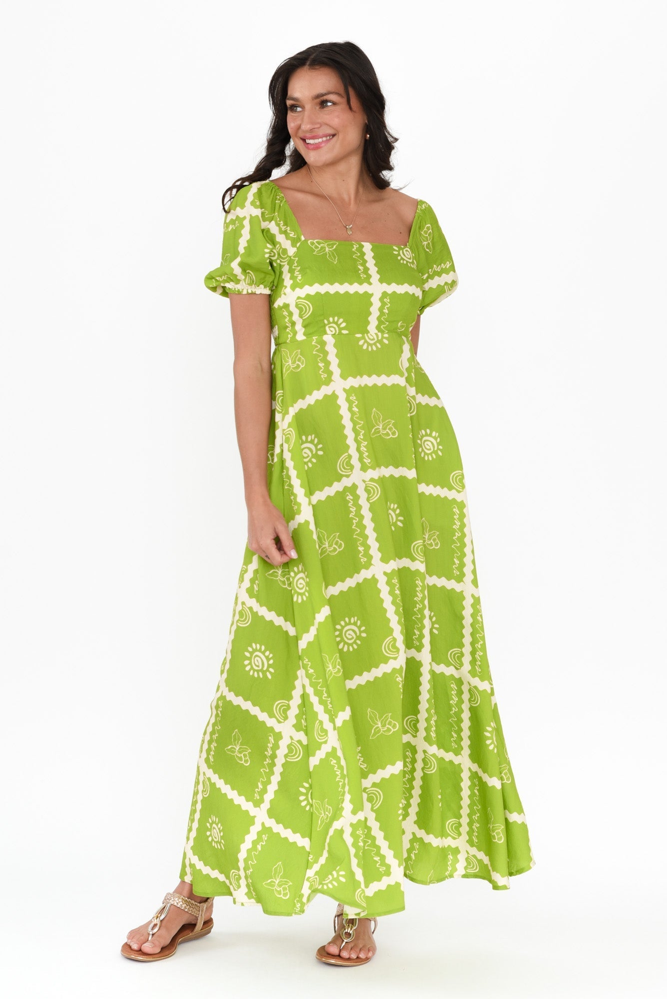 Charlotte Green Tile Maxi Dress Front View 2