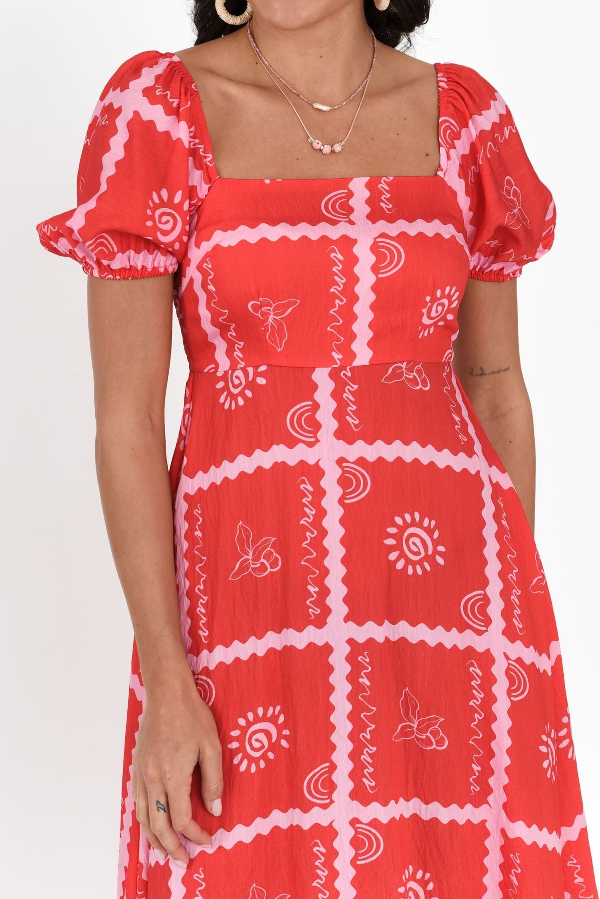 Charlotte Red Tile Maxi Dress Detail View