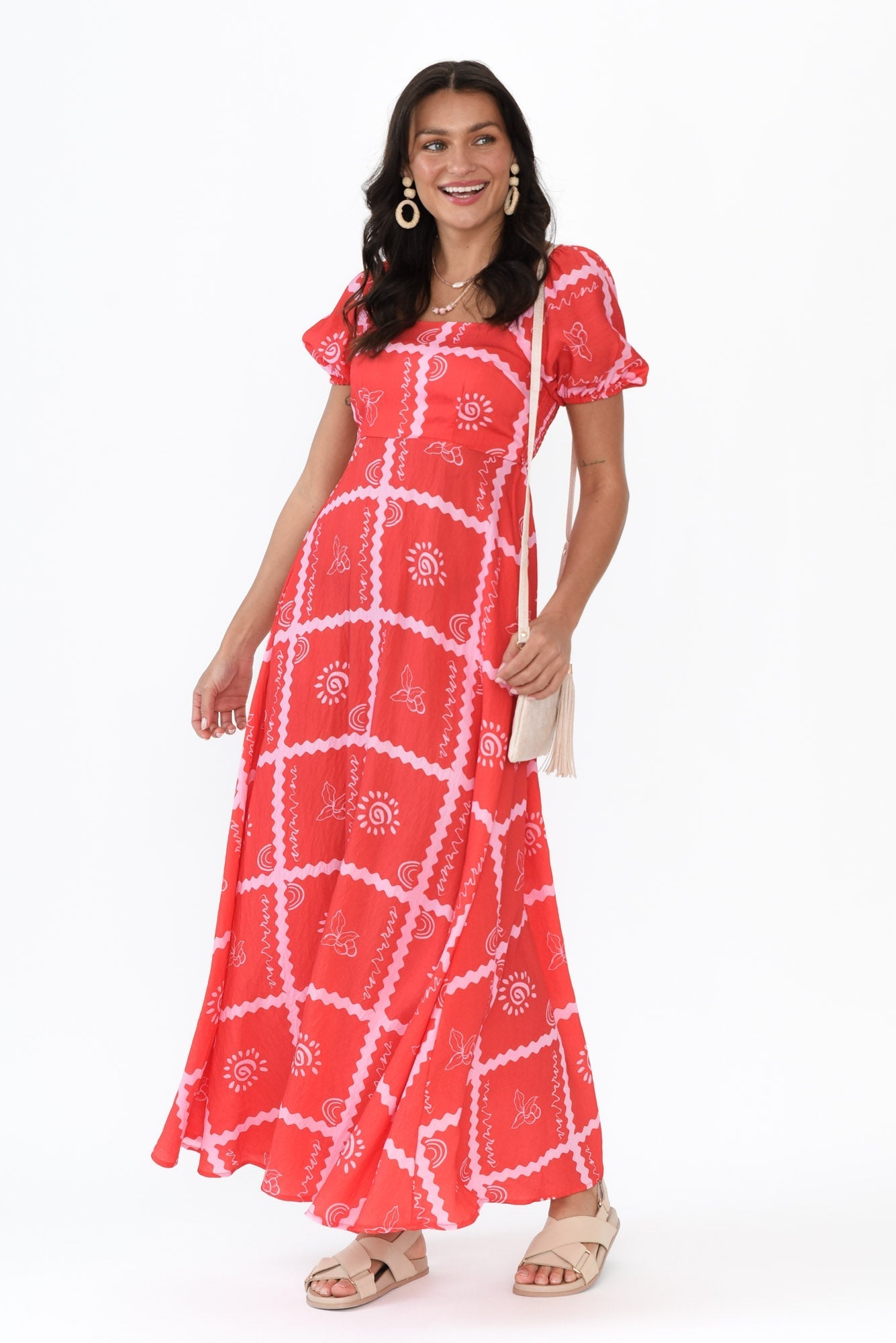Charlotte Red Tile Maxi Dress Front View 2
