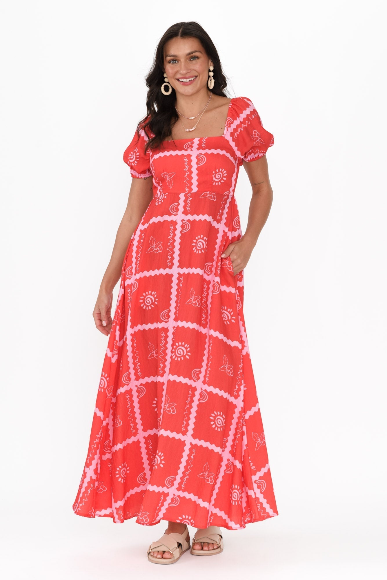 Charlotte Red Tile Maxi Dress Front View