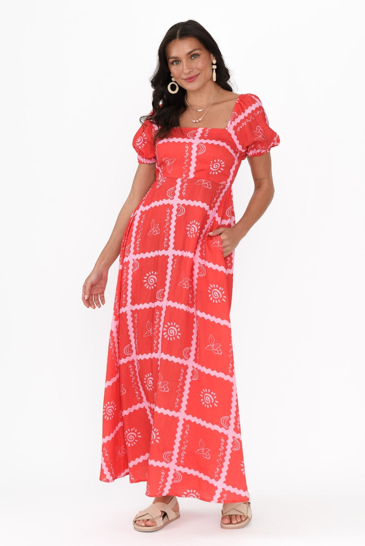 Charlotte Red Tile Maxi Dress Full Length View