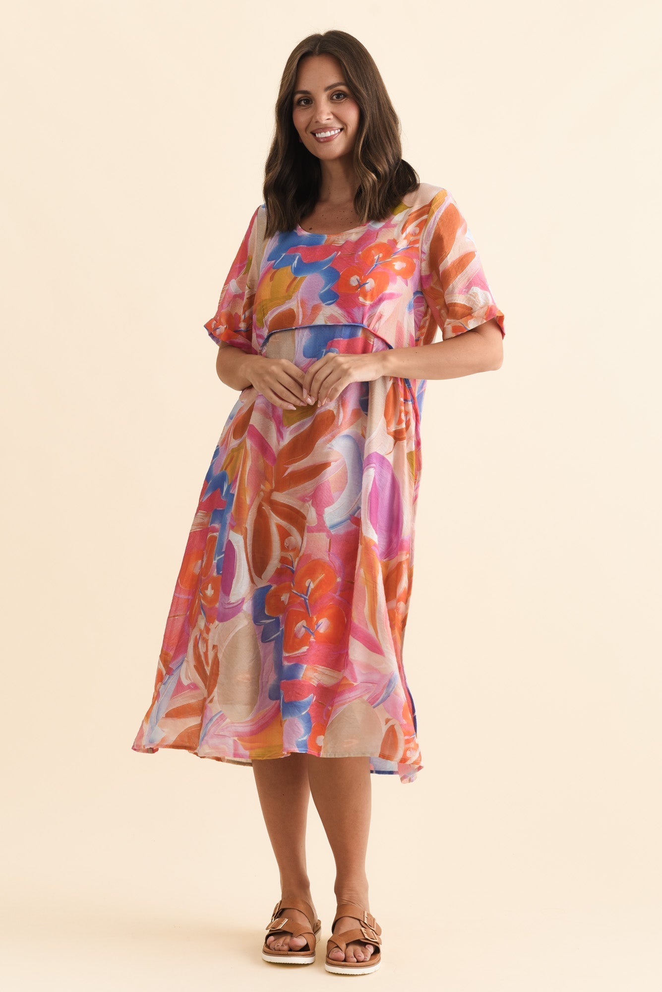 Christie Orange Floral Pocket Dress Front View