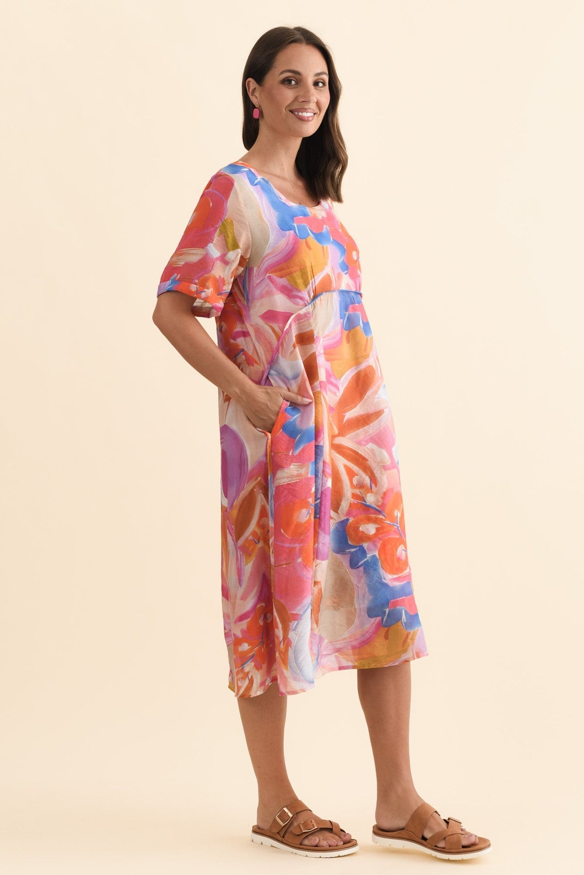 Christie Orange Floral Pocket Dress Back View