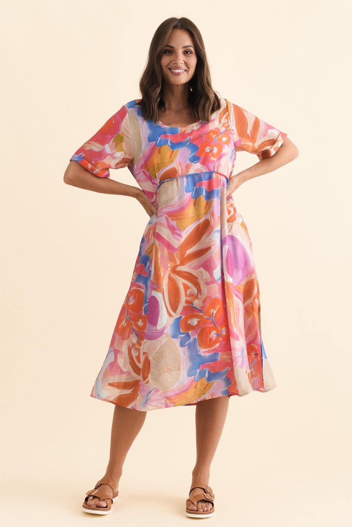 Christie Orange Floral Pocket Dress Full Length View