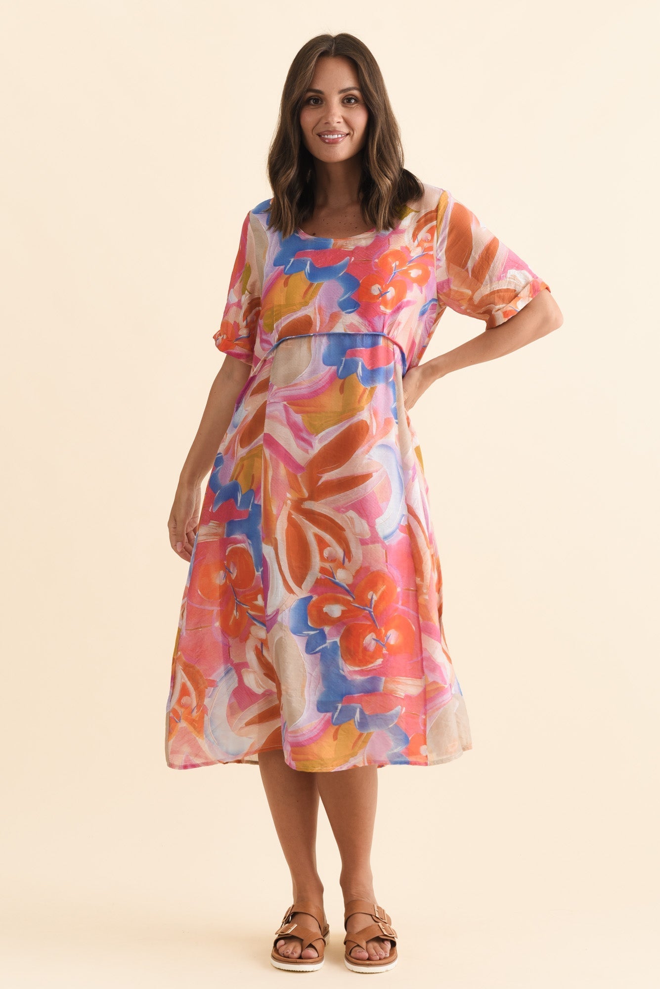 Christie Orange Floral Pocket Dress Front View 2