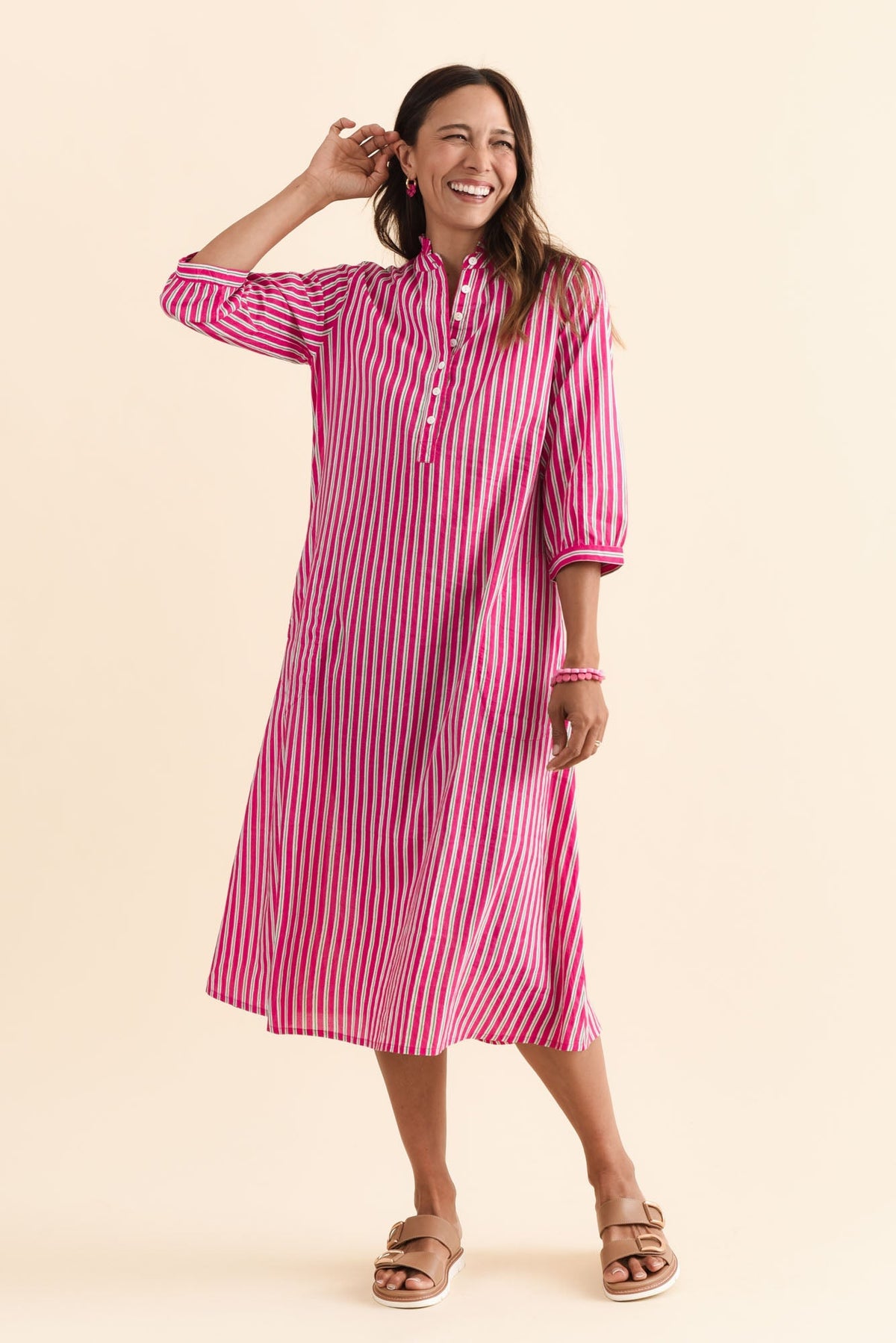 Clive Pink Stripe Cotton Dress Full Length View
