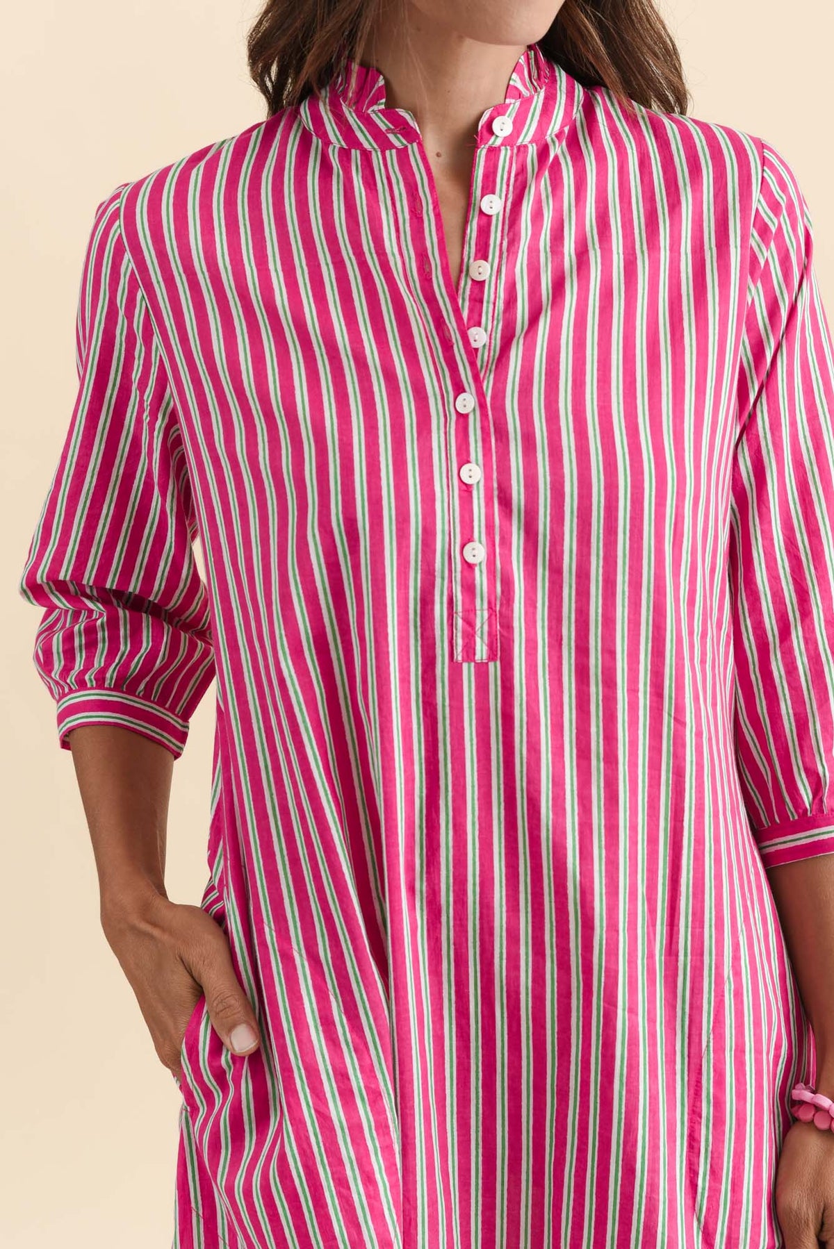 Clive Pink Stripe Cotton Dress Detail View