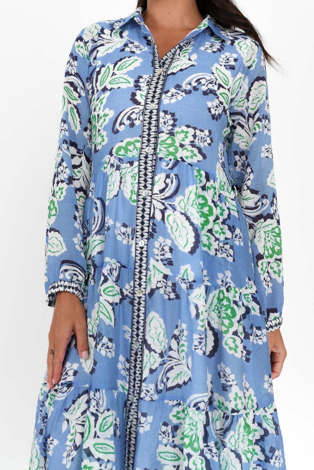 Coastal Blue Leaf Collared Dress Full Length View