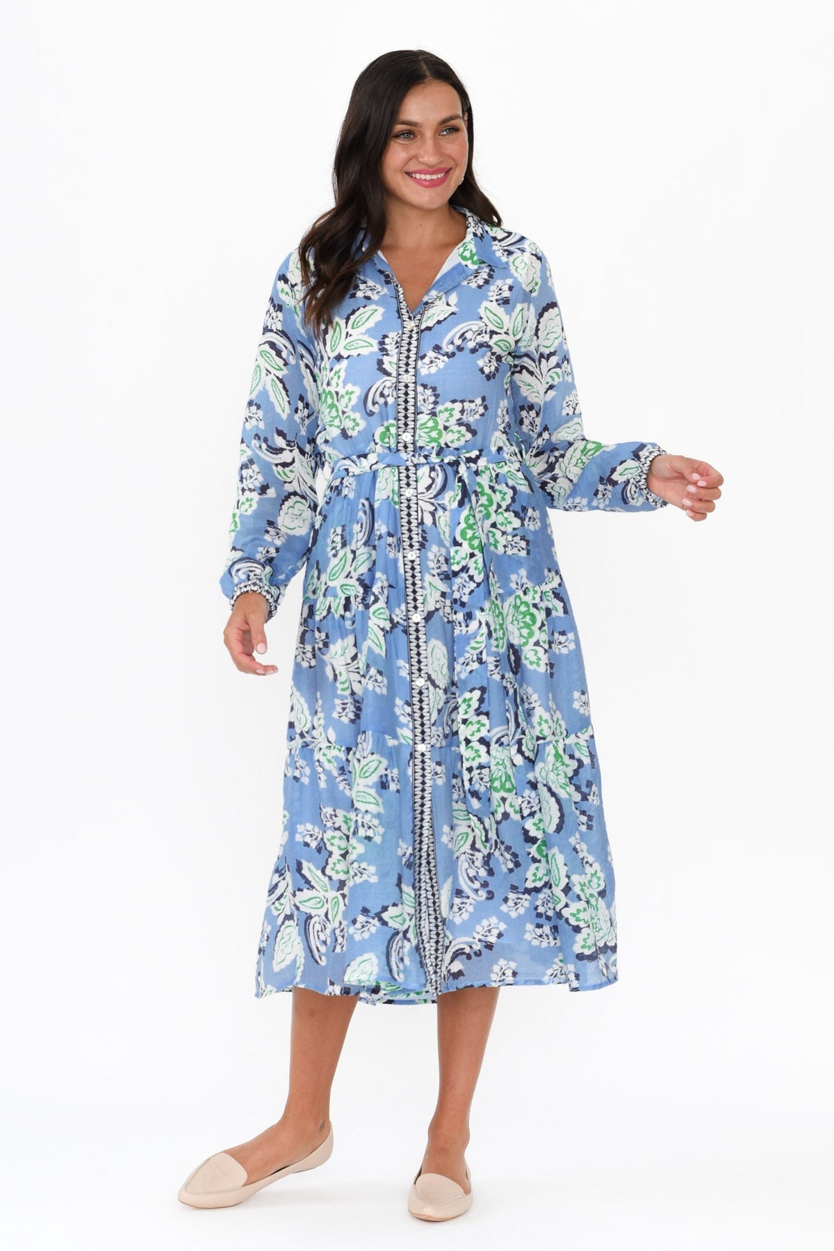 Coastal Blue Leaf Collared Dress Back View