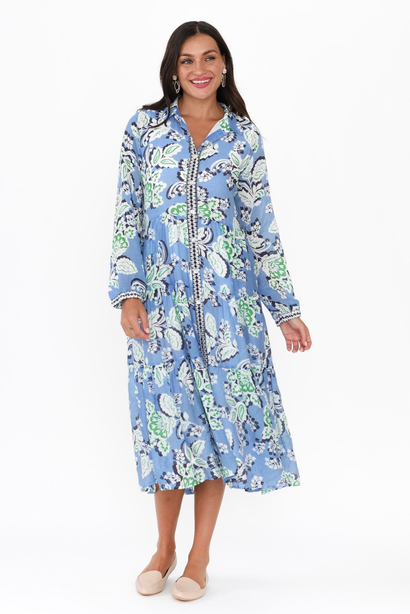 Coastal Blue Leaf Collared Dress Front View