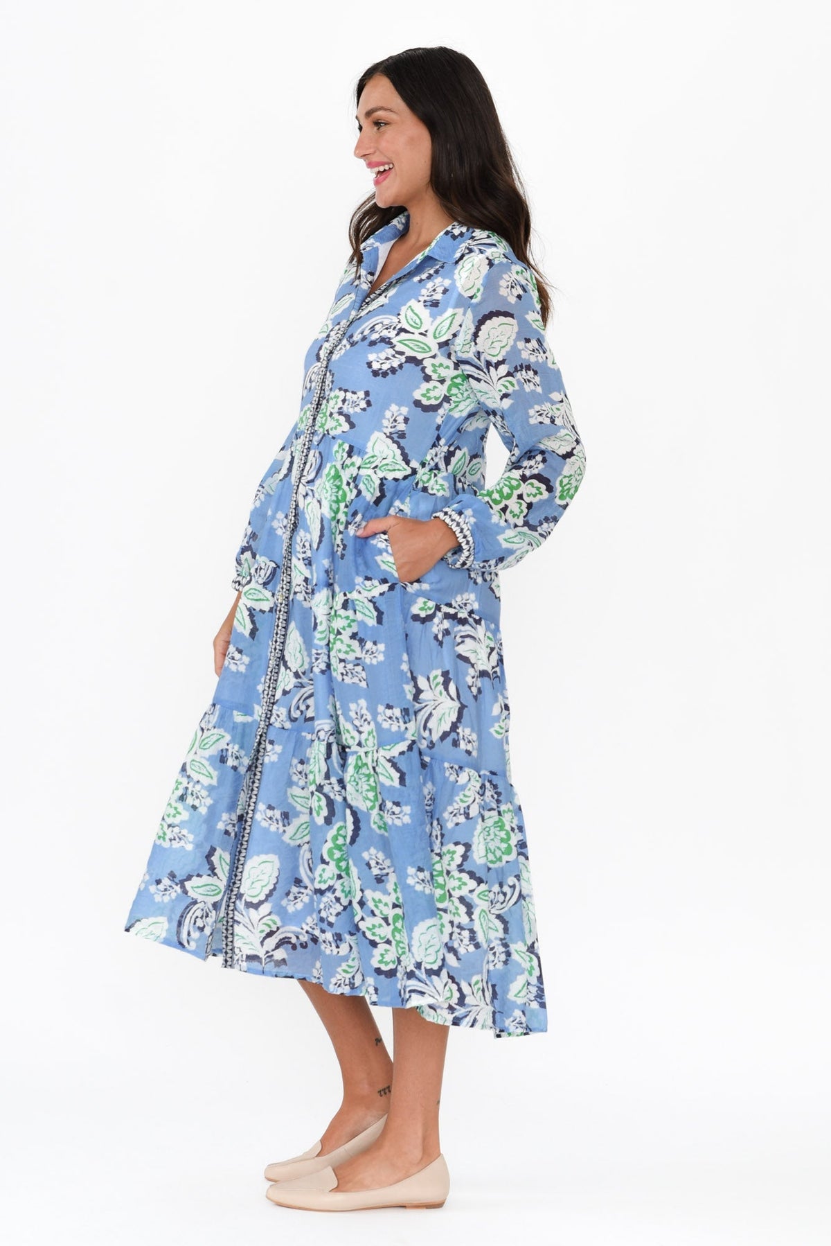 Coastal Blue Leaf Collared Dress Side View