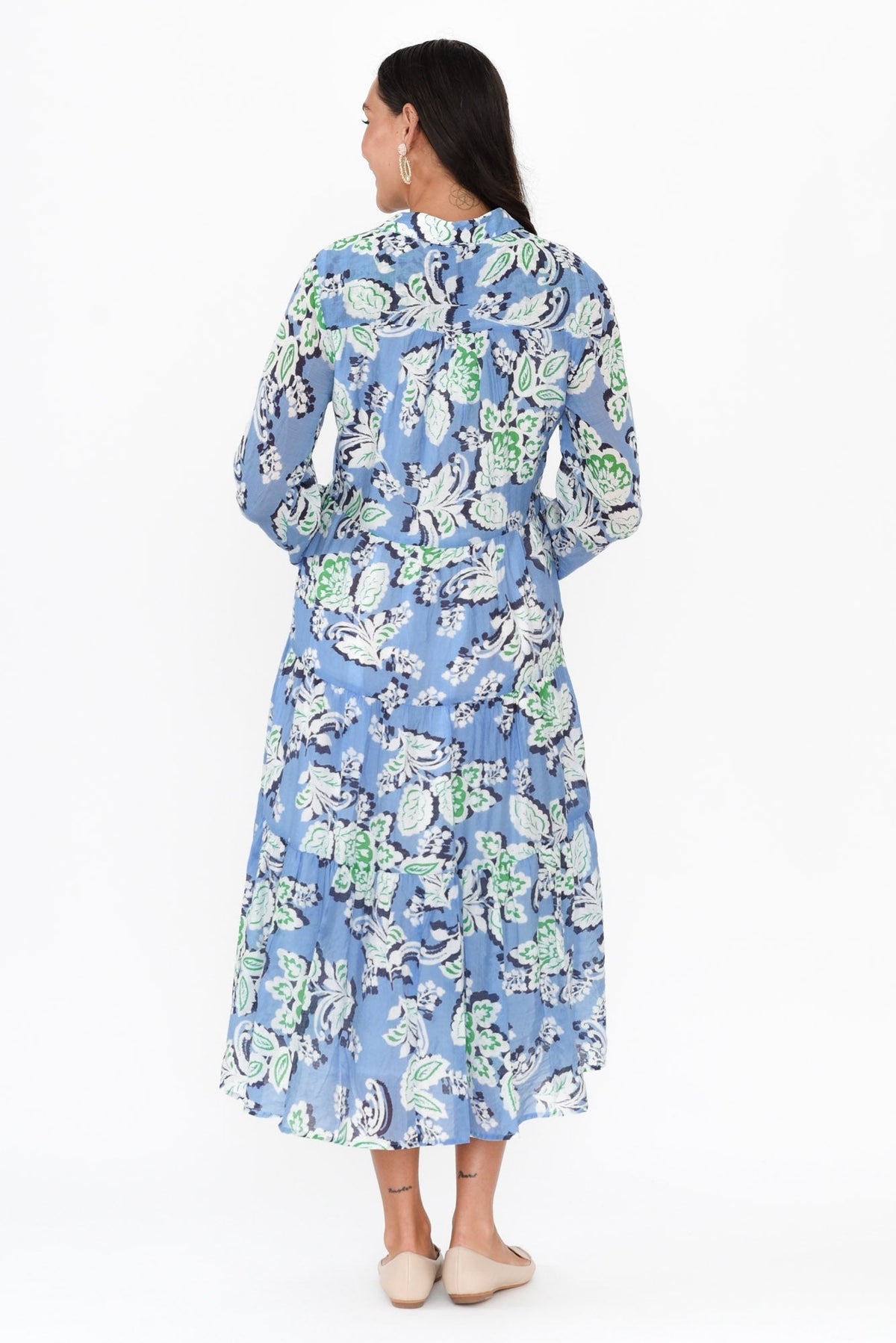 Coastal Blue Leaf Collared Dress Detail View