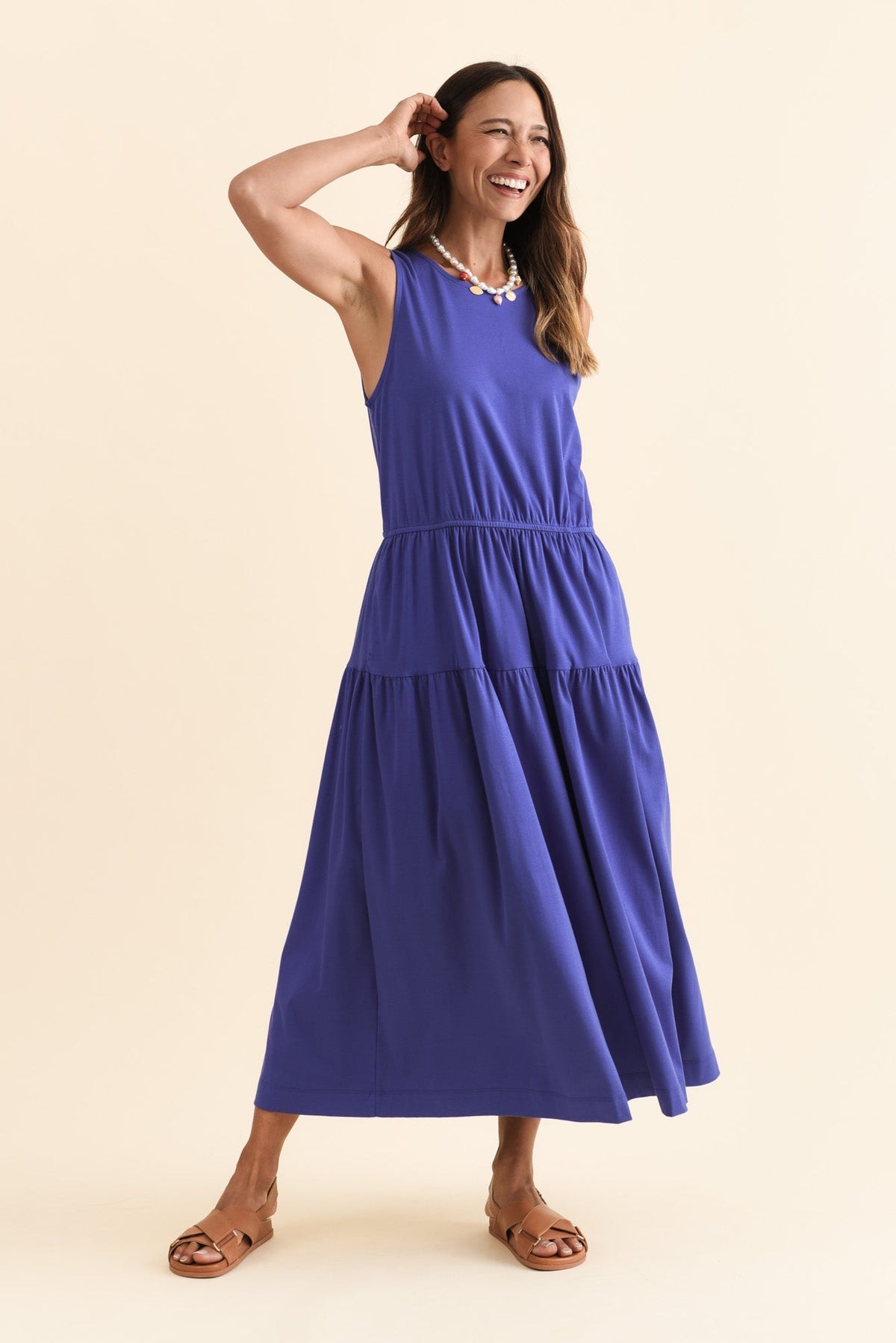 Coco Blue Cotton Tier Dress Full Length View