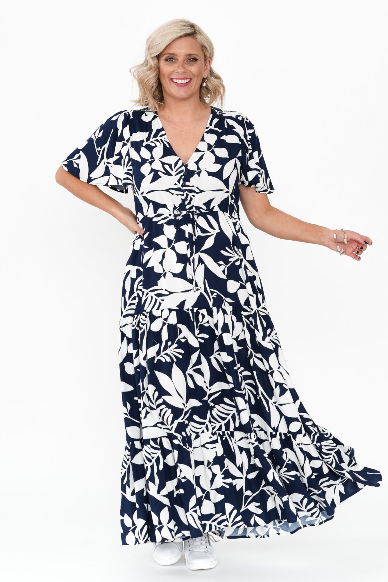 Cooper Navy Floral Tier Dress Front View 2