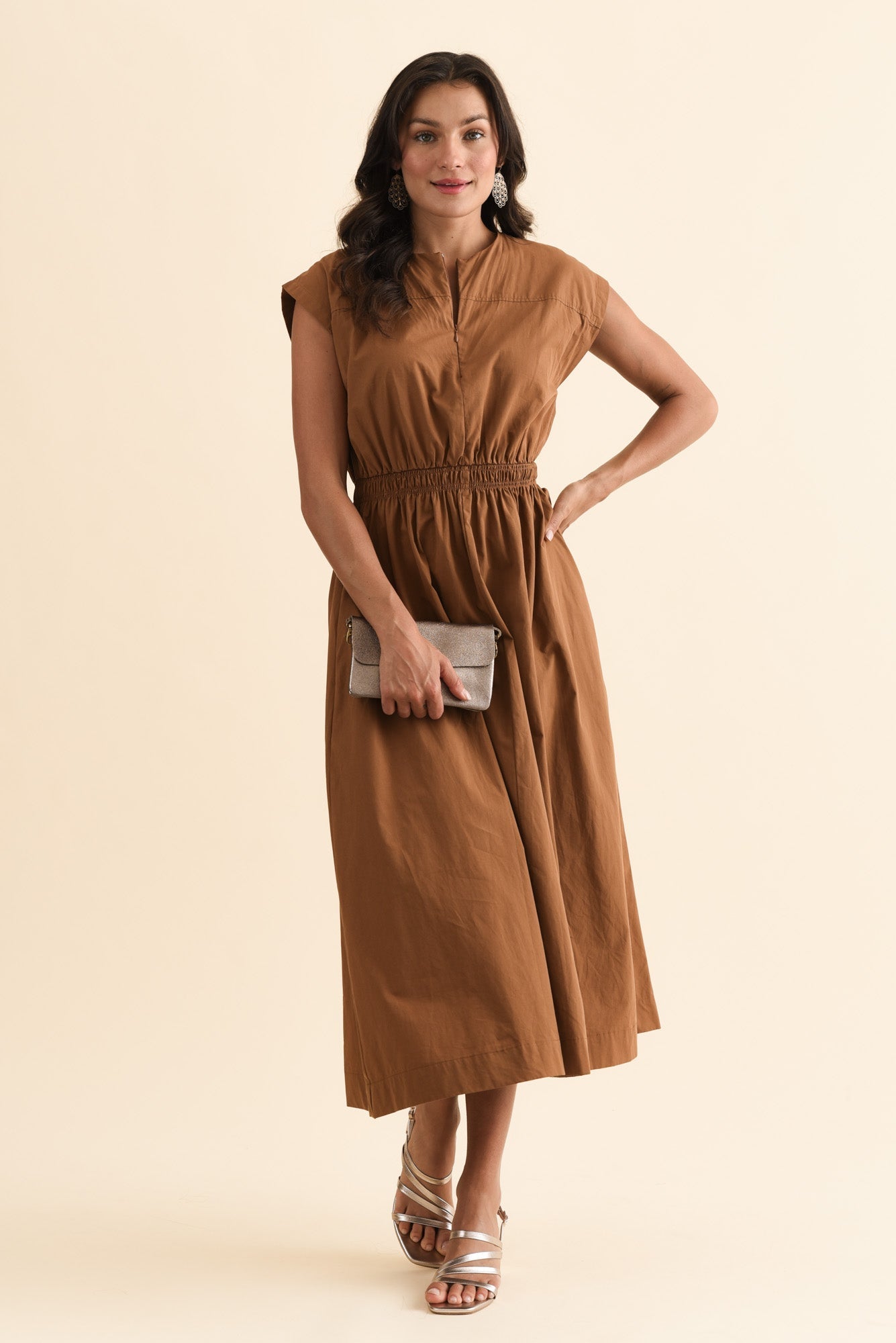 Cooper Mocha Cotton Pocket Dress Front View