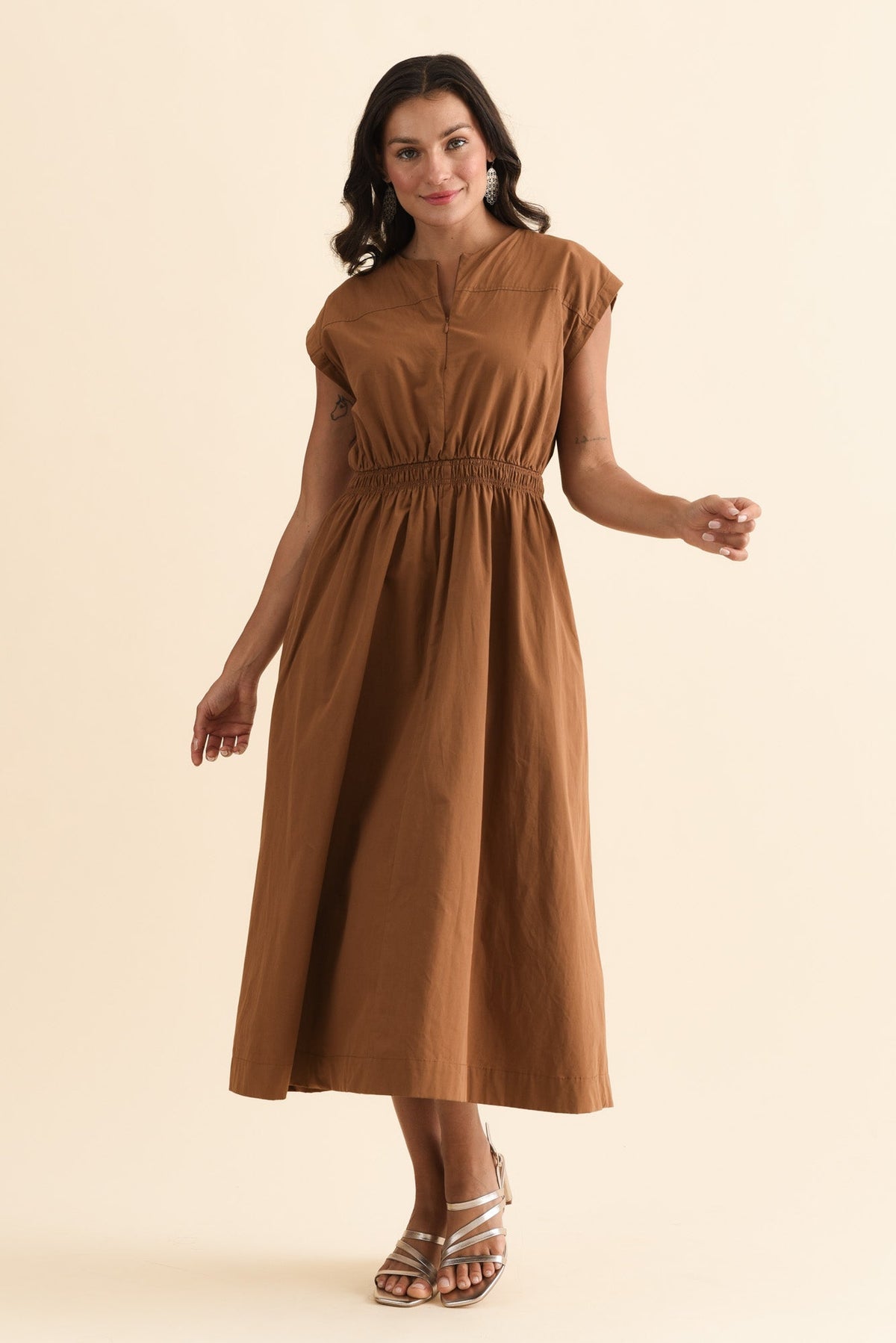 Cooper Mocha Cotton Pocket Dress Front View 2