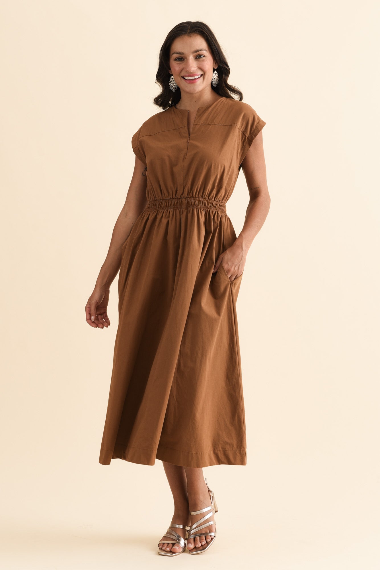 Cooper Mocha Cotton Pocket Dress Full Length View