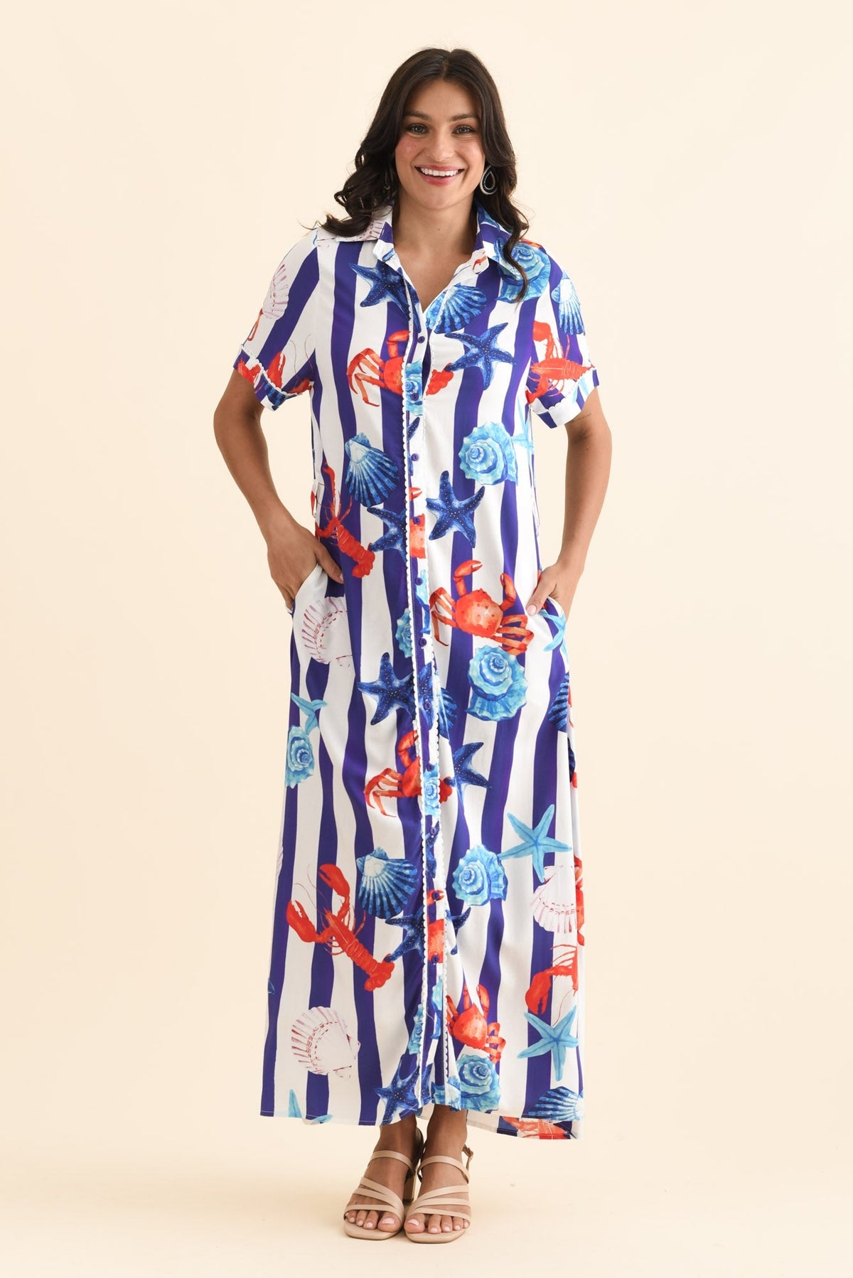Corine Blue Beach Tie Dress Full Length View