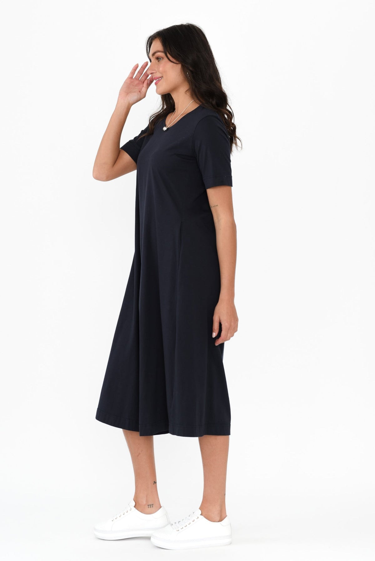 Cynthia Navy Cotton Tee Dress Side View