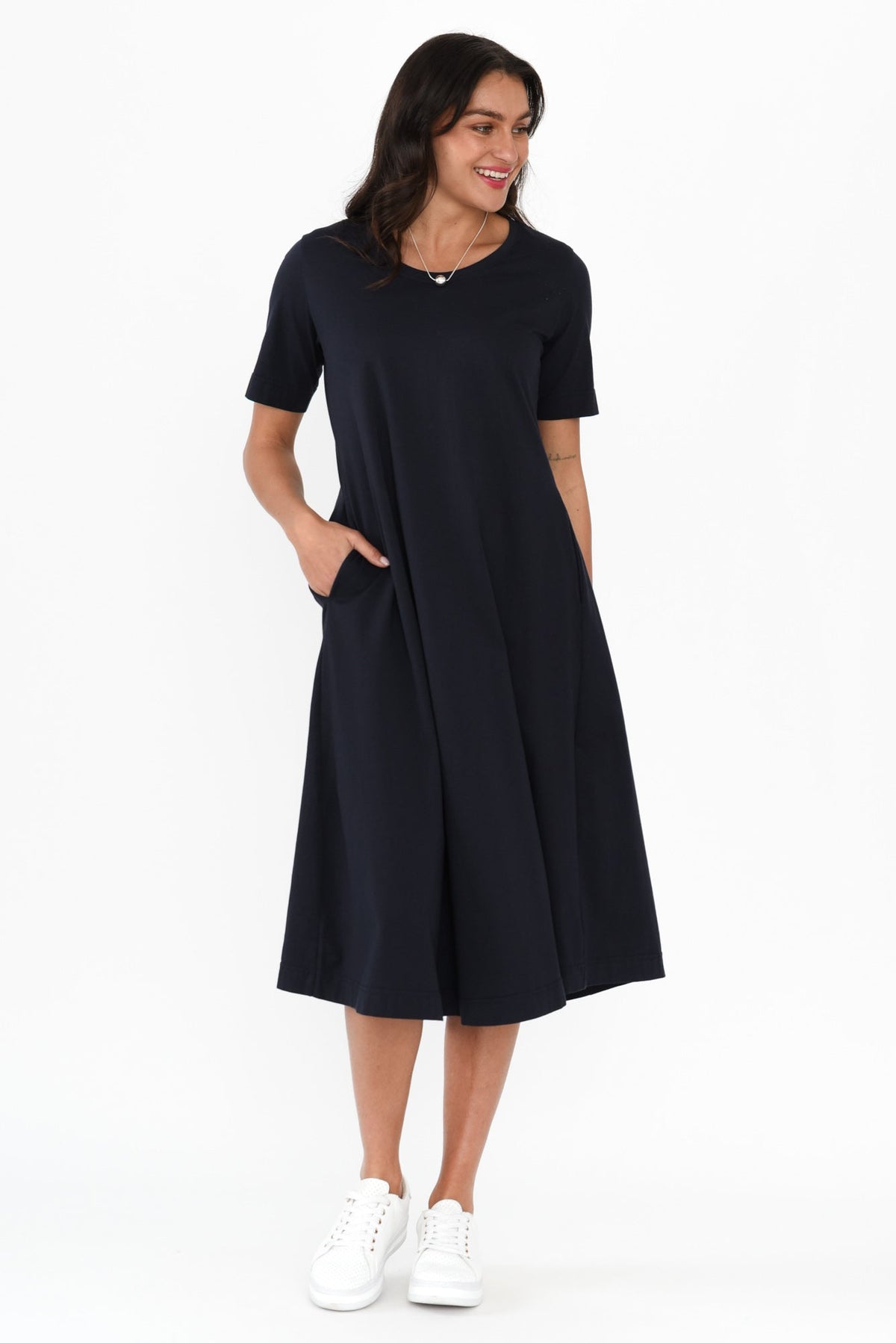 Cynthia Navy Cotton Tee Dress Back View