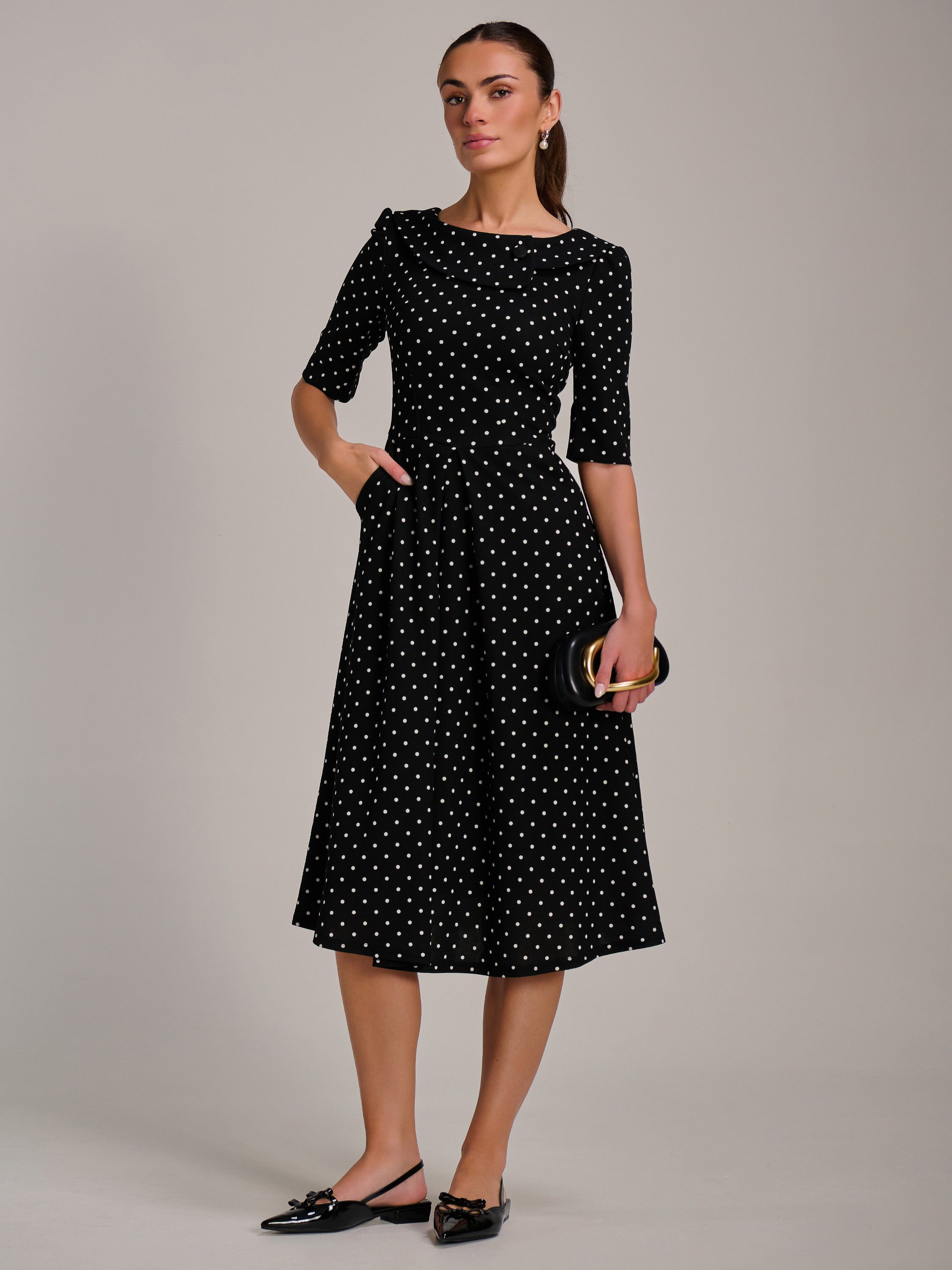 Printed Scuba Fold Collar Midi Dress Front View