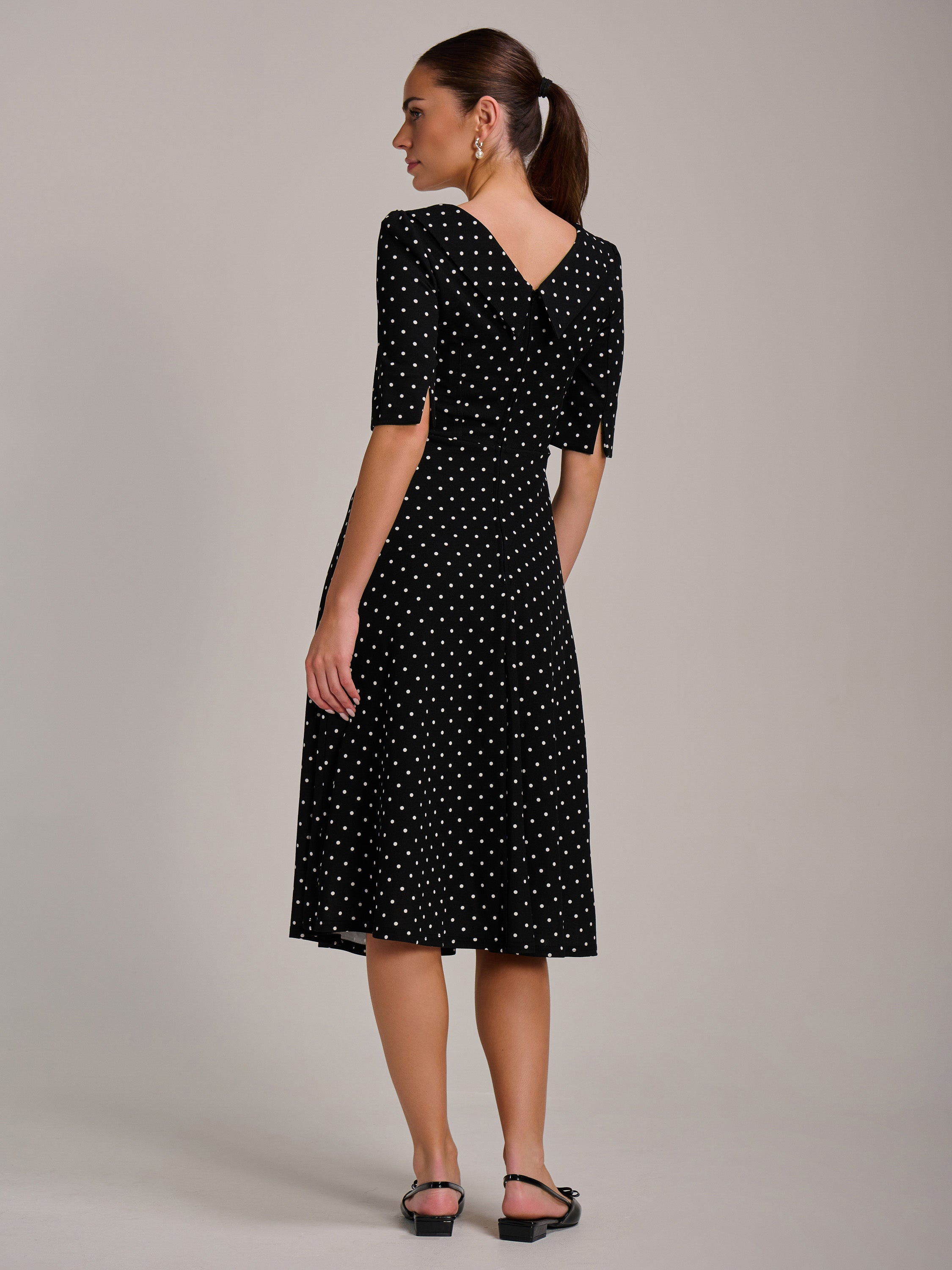 Printed Scuba Fold Collar Midi Dress Back View