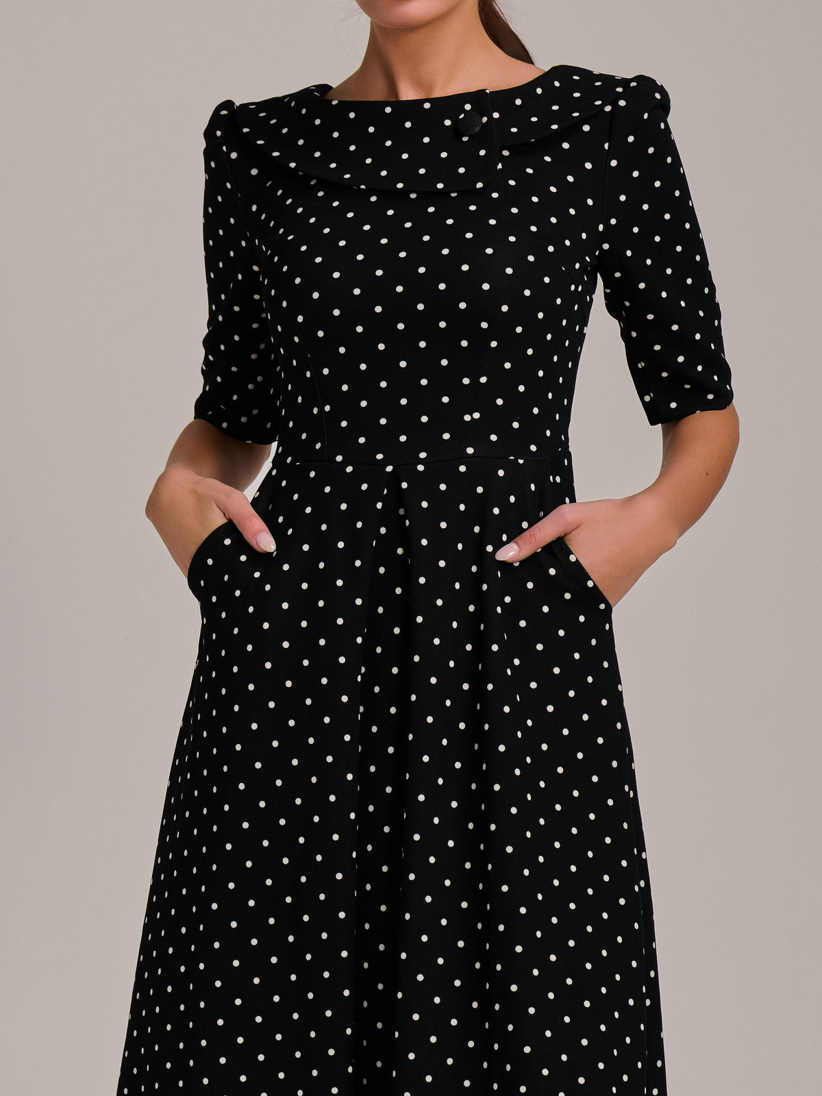 Printed Scuba Fold Collar Midi Dress Styled View