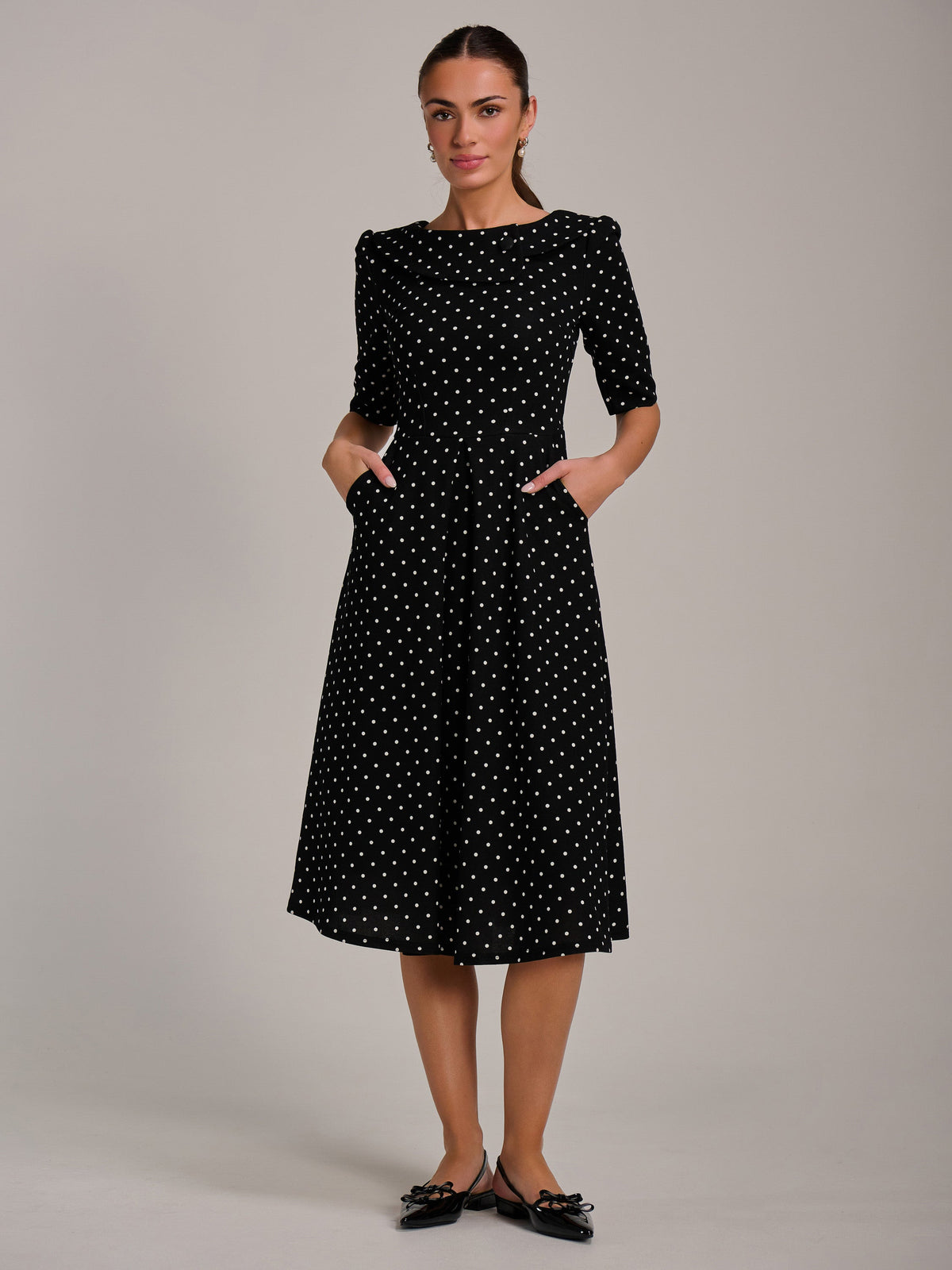 Printed Scuba Fold Collar Midi Dress Full Length View