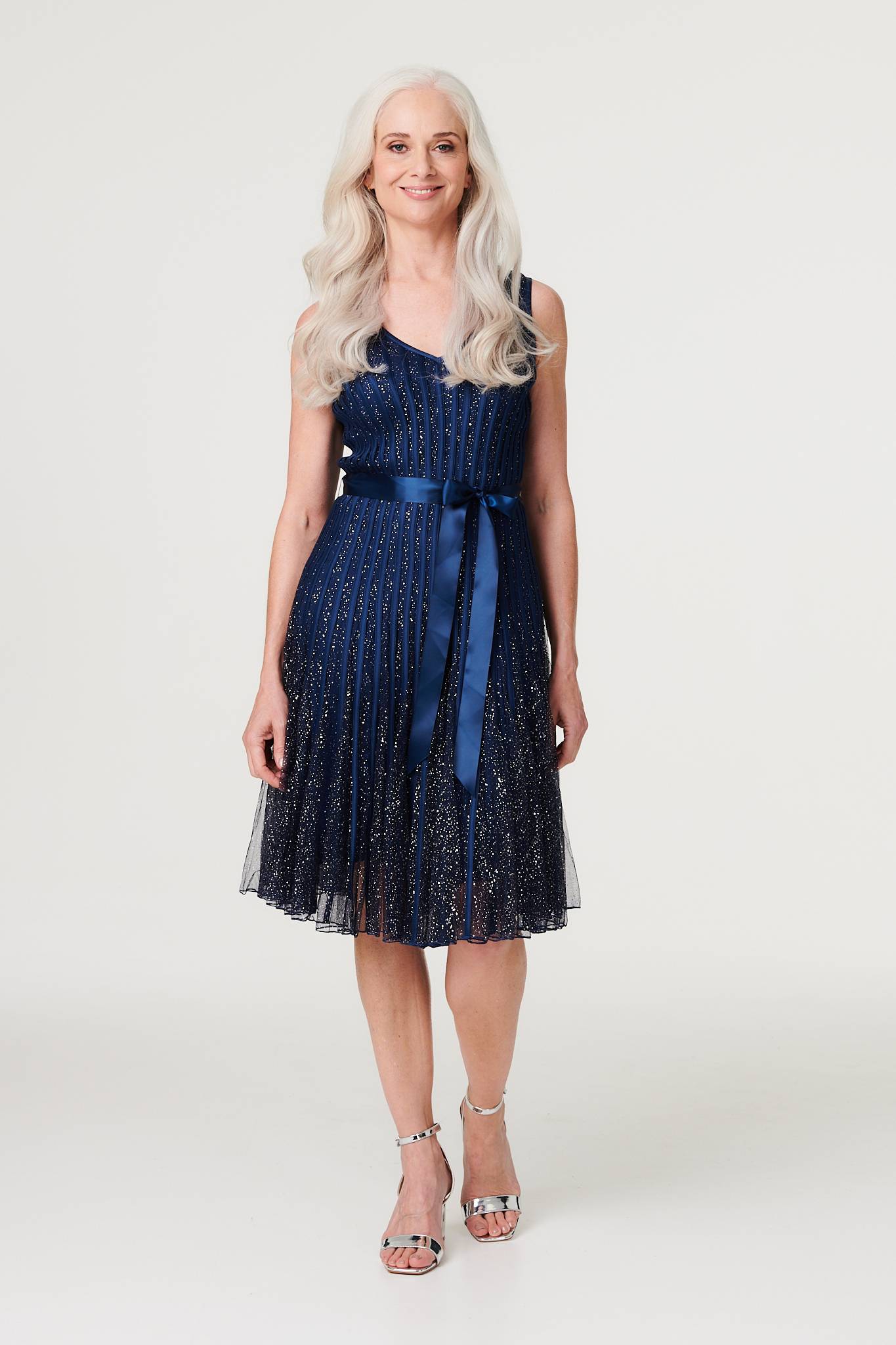 Sequin Sleeveless Tie Waist Dress Front View