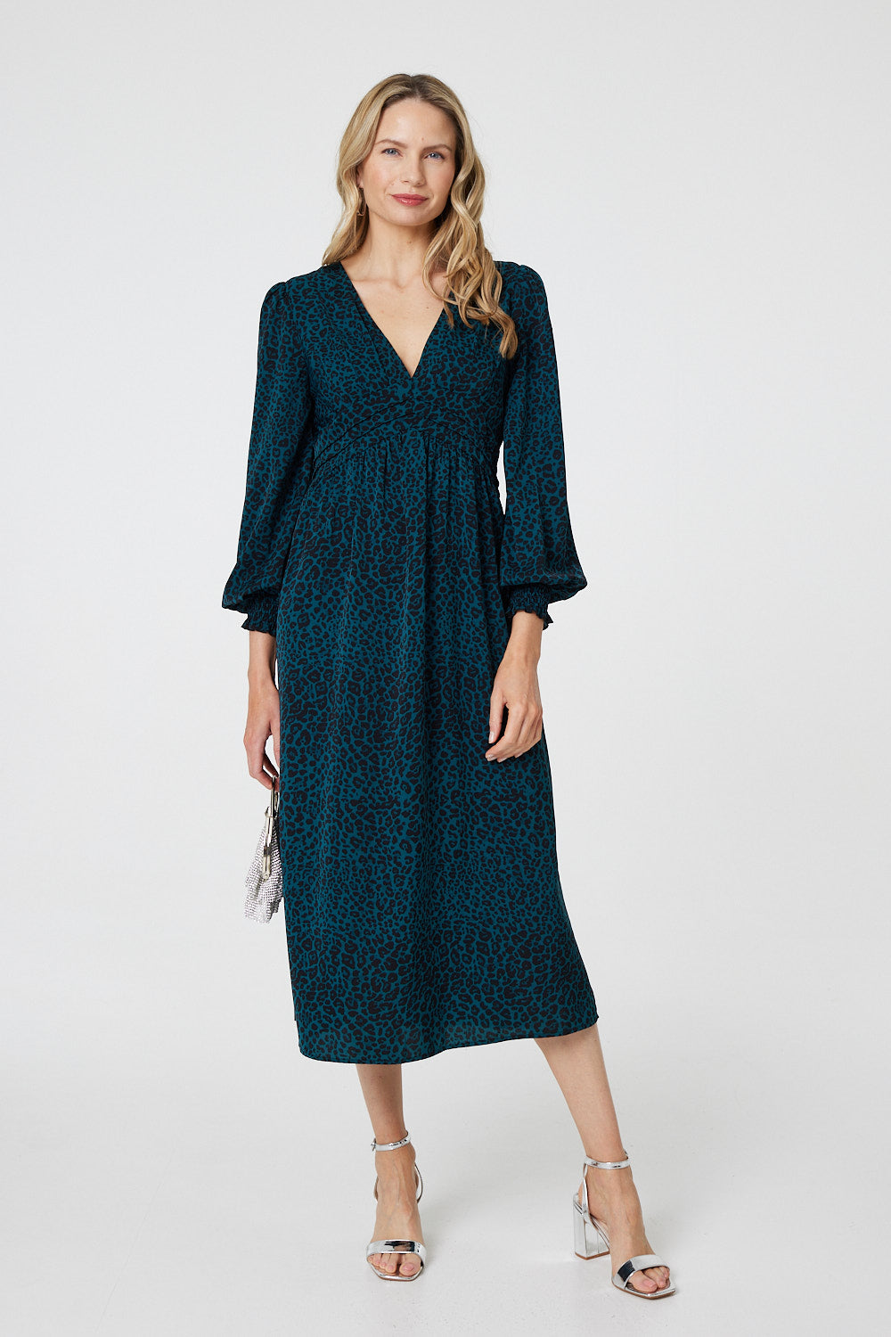 Animal Print Long Puff Sleeve Midi Dress Front View