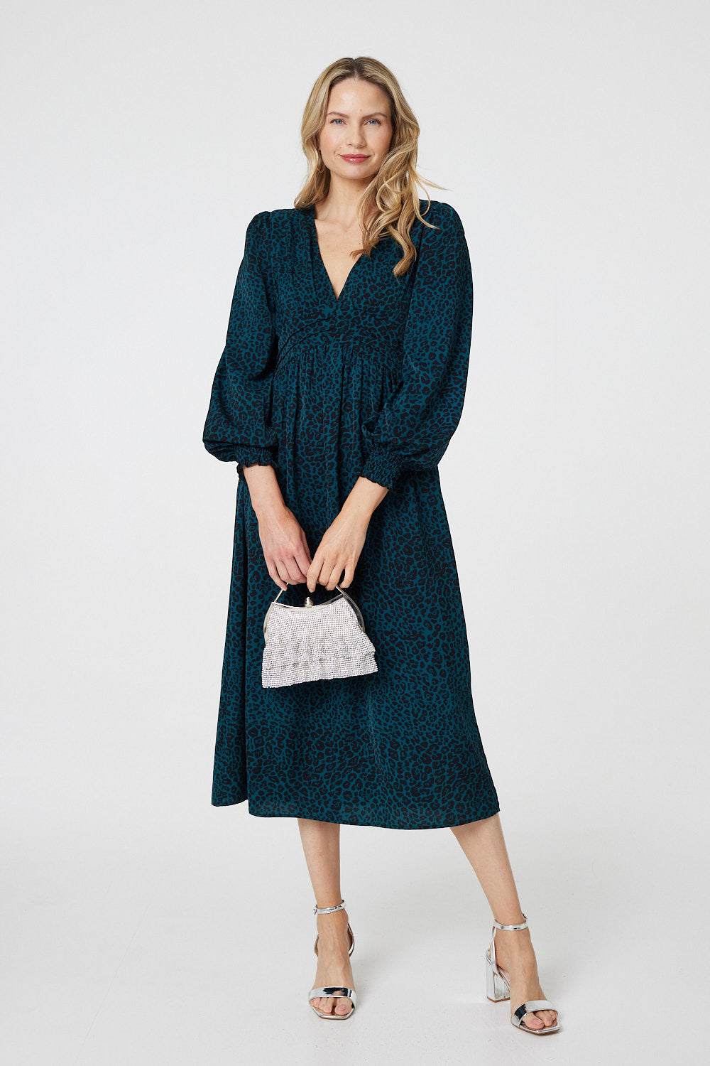 Animal Print Long Puff Sleeve Midi Dress Detail View