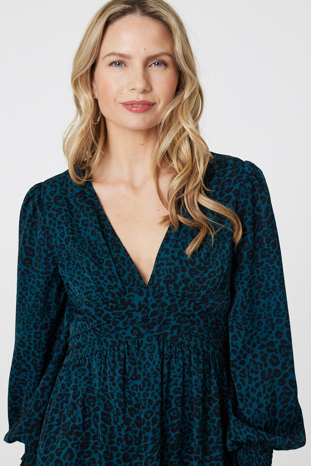 Animal Print Long Puff Sleeve Midi Dress Back View